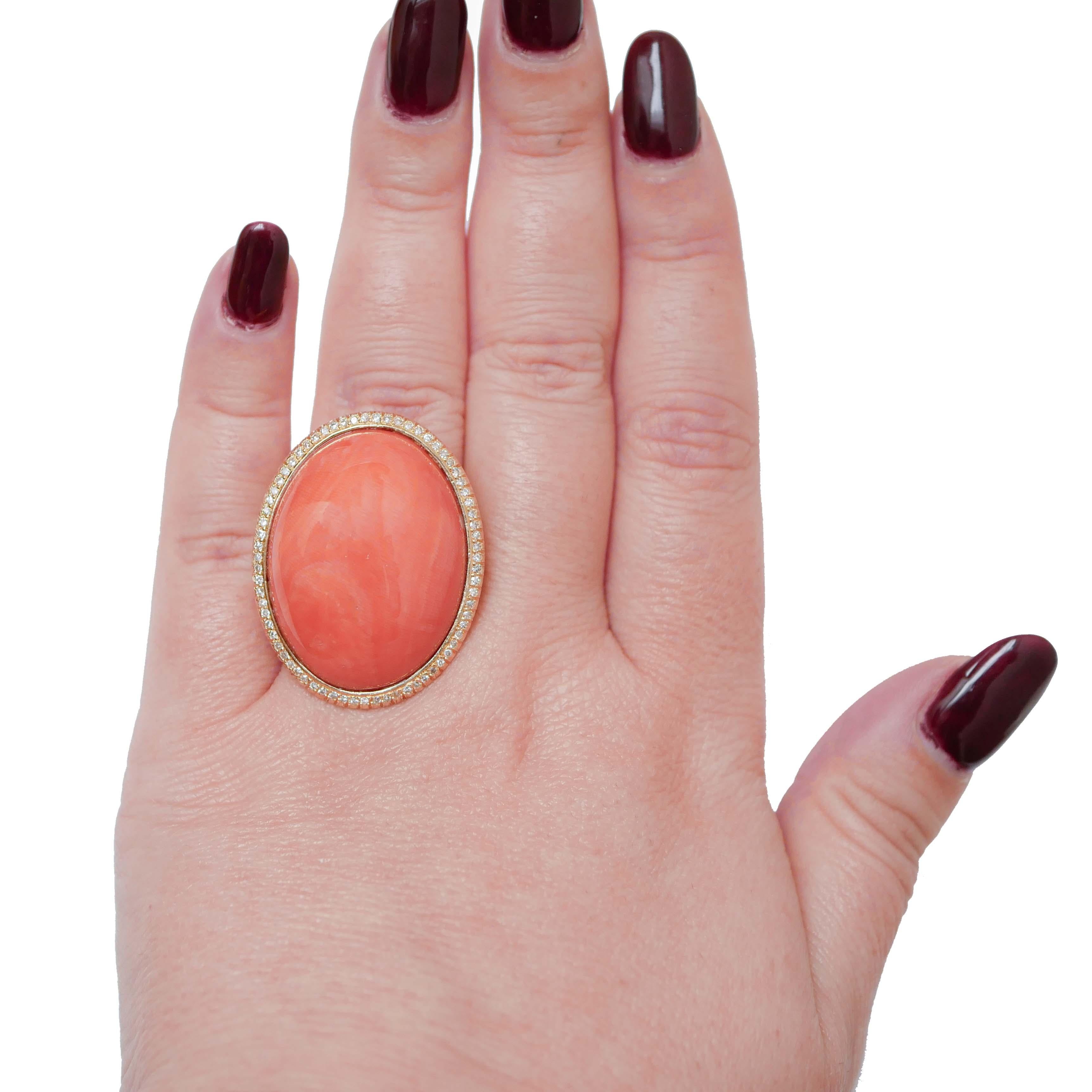 Mixed Cut Coral, Diamonds, 18 Karat Yellow Gold Ring. For Sale