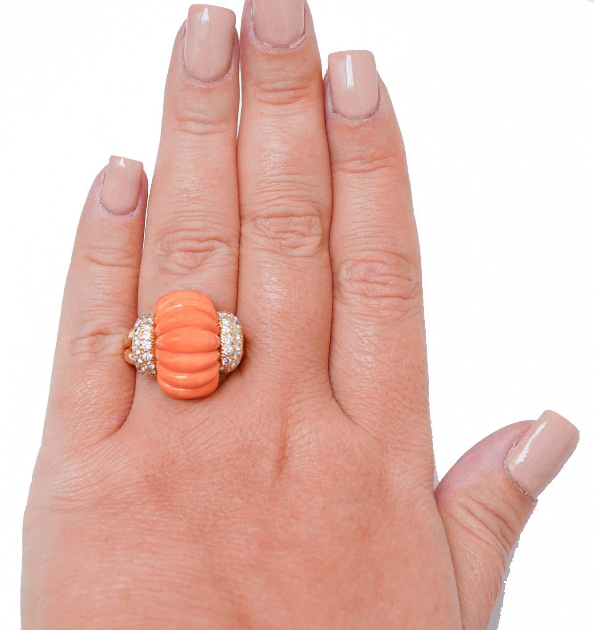 Mixed Cut Coral, Diamonds, 18 Karat Yellow Gold Ring.