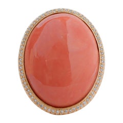 Vintage Coral, Diamonds, 18 Karat Yellow Gold Ring.