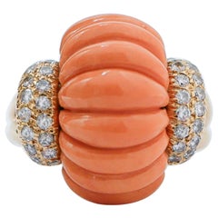 Coral, Diamonds, 18 Karat Yellow Gold Ring.