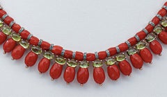 Coral, Peridots, Diamonds, 9 Karat Rose Gold and Silver Necklace