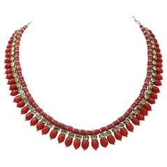 Coral, Peridots, Diamonds, 9 Karat Rose Gold and Silver Necklace