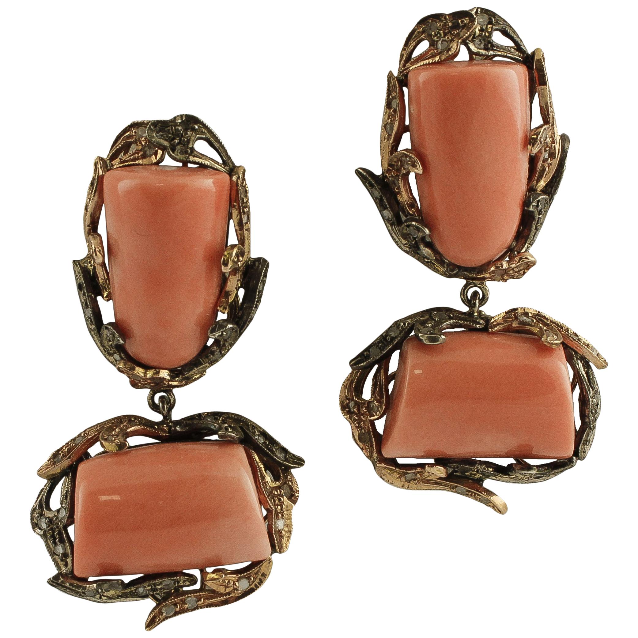 Orange Coral, Diamonds, 9 Karat Rose Gold and Silver Retro Dangle Earrings