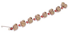 Coral, Diamonds, 9 Karat Rose Gold and Silver Squirrel Bracelet