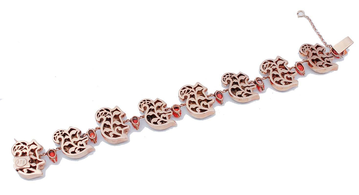 Schildkrötenarmband aus 9 Karat Roségold mit Koralle, Diamanten und Silber (Retro) im Angebot