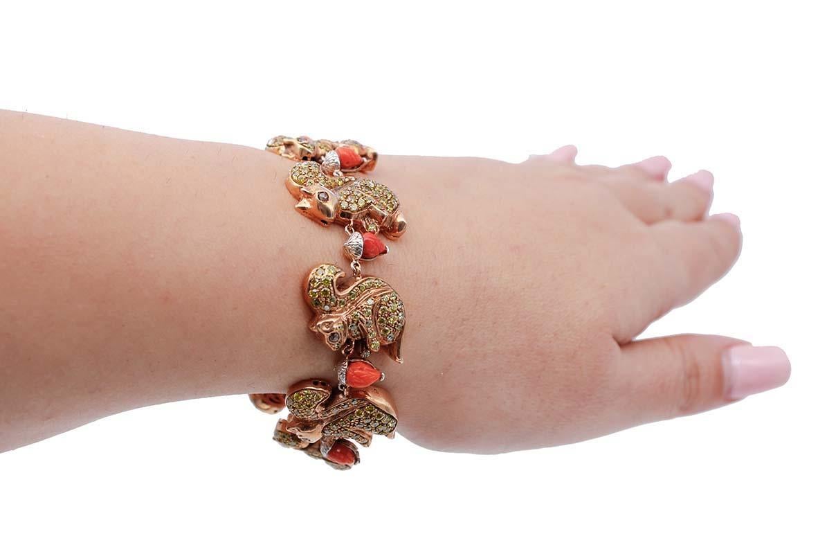 Mixed Cut Coral, Diamonds, 9 Karat Rose Gold and Silver Squirrel Bracelet For Sale