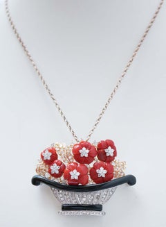 Coral, Diamonds, Agate, 18 Kt White Gold and Rose Gold Brooch.