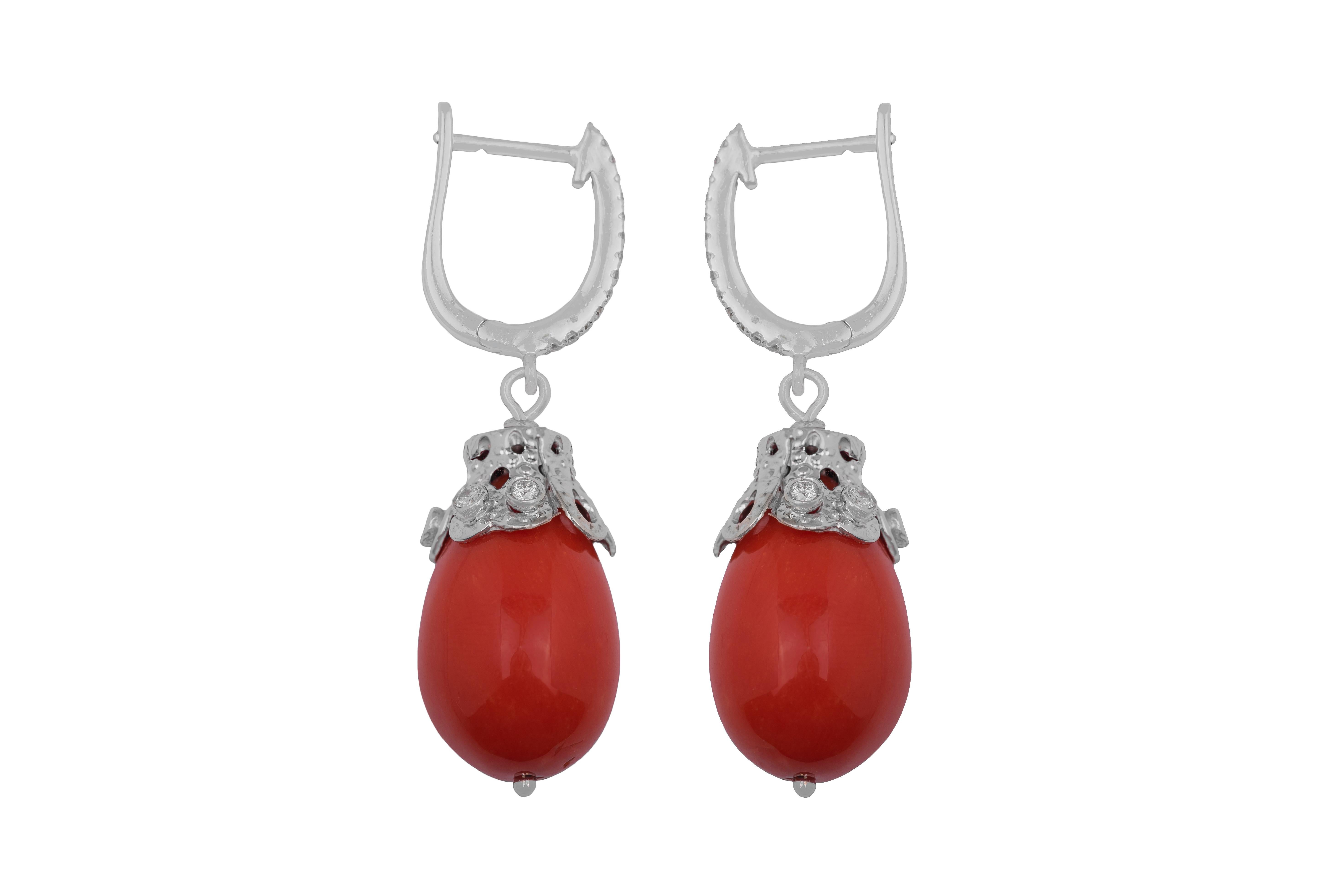 Brilliant Cut Coral Diamonds and 18k White Gold Earrings