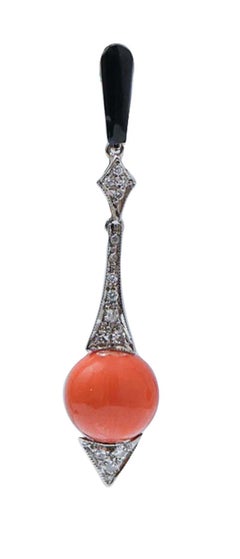 Coral, Diamonds, Black Agate, Platinum Earrings.