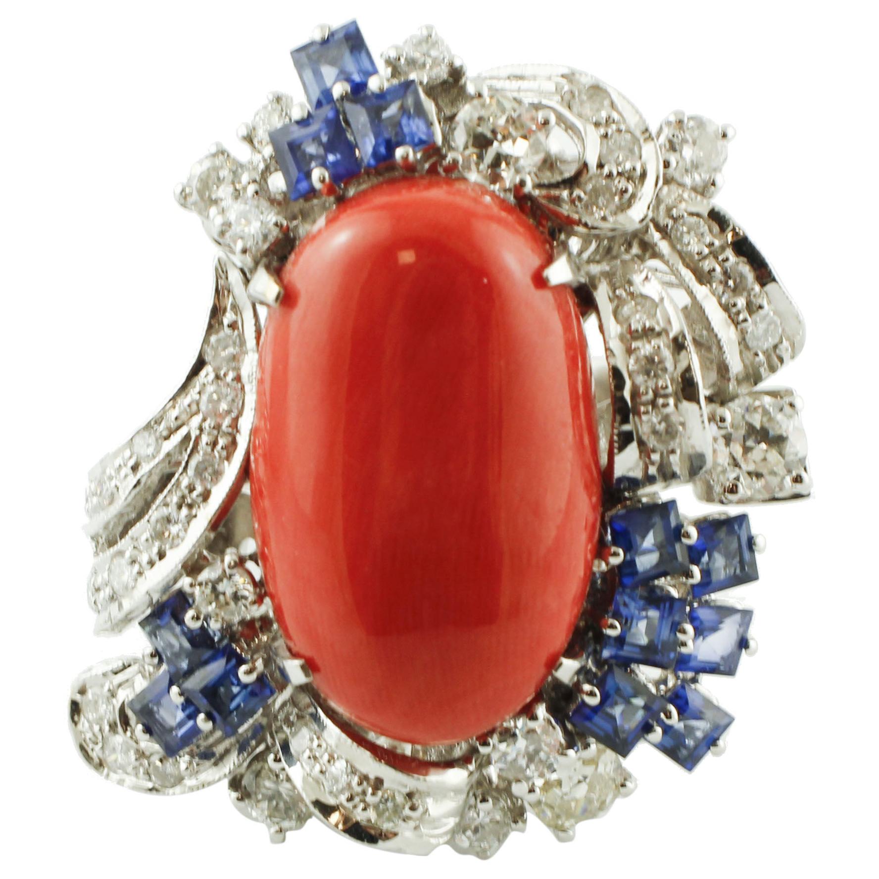 Coral, Diamonds, Blue Sapphires, 14 Karat White Gold Cocktail Ring For Sale