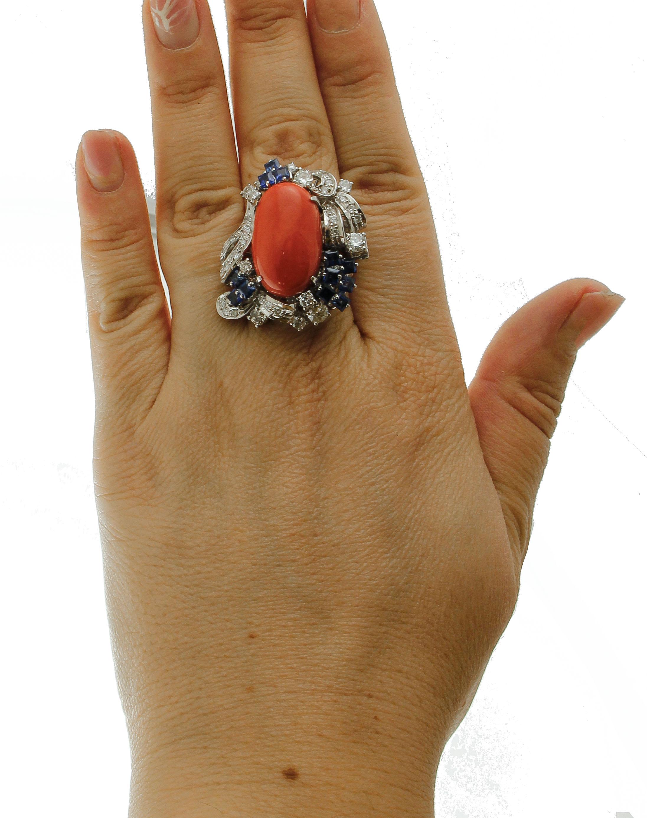Women's Coral, Diamonds, Blue Sapphires, 14 Karat White Gold Cocktail Ring For Sale