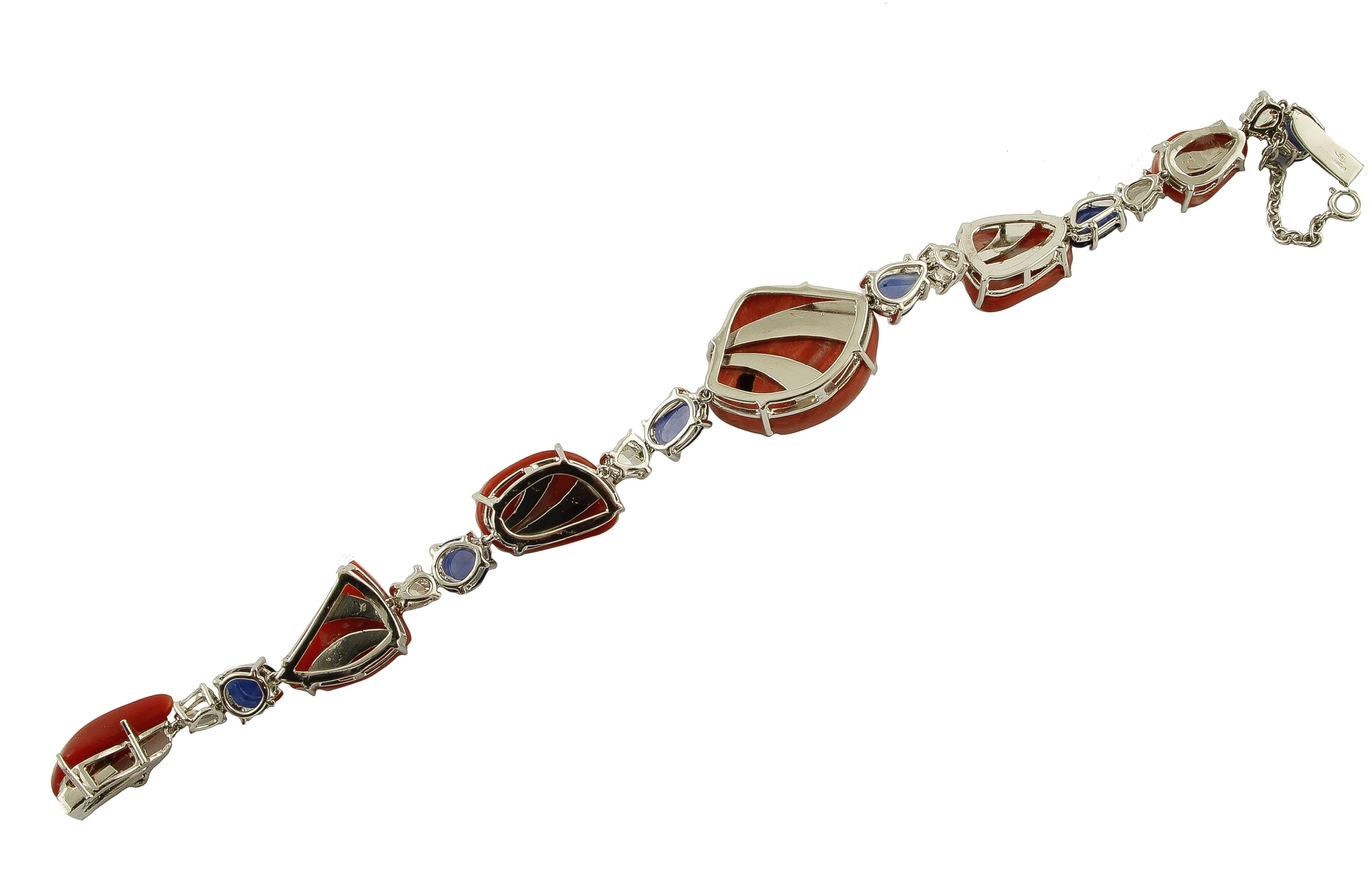 Retro Corals, Diamonds, Blue Sapphires 14 Karat White Gold Link Bracelet For Sale