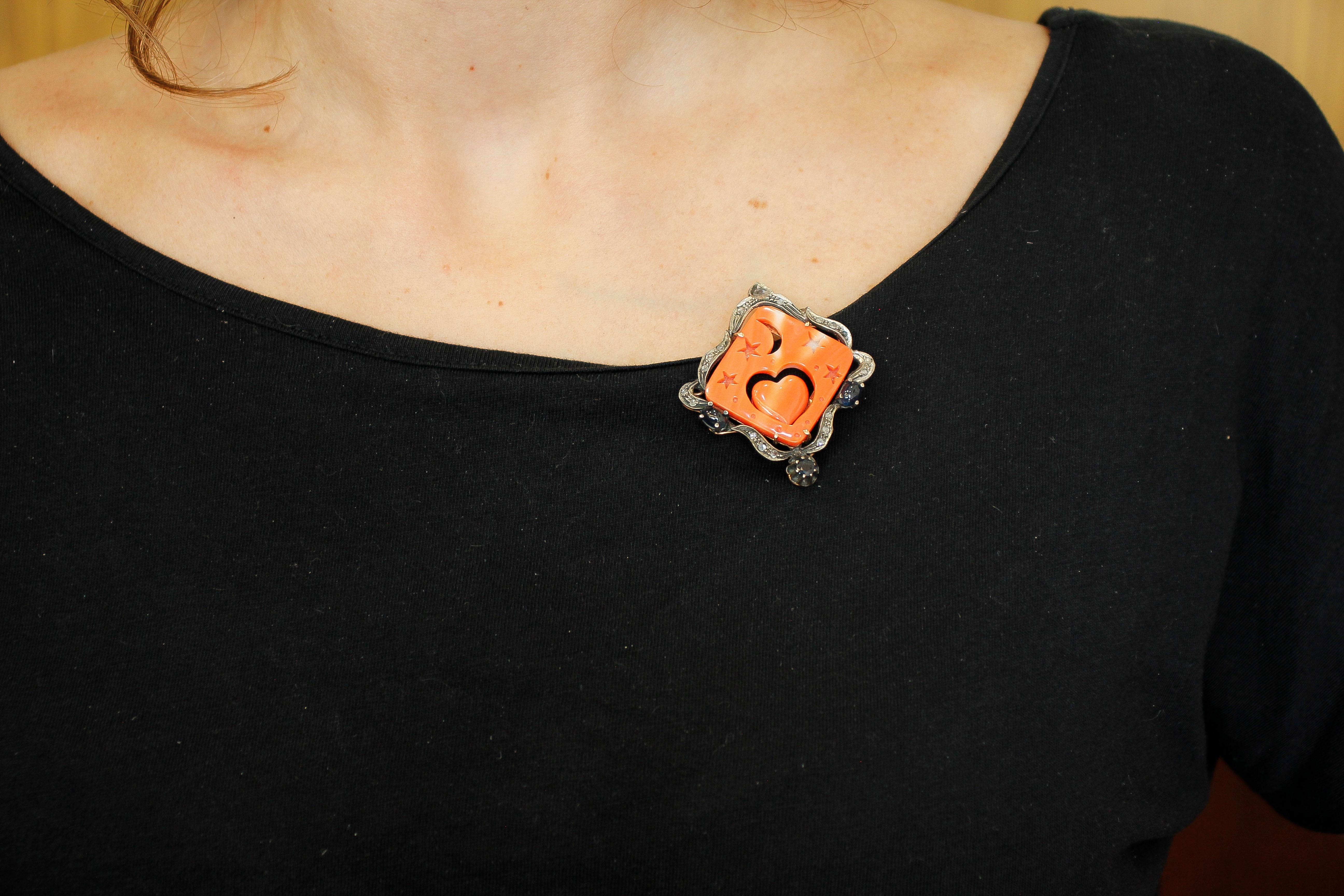 Orange Coral, Diamonds, Blue Sapphires, Gold and Silver Retrò Pendant/Brooch 4