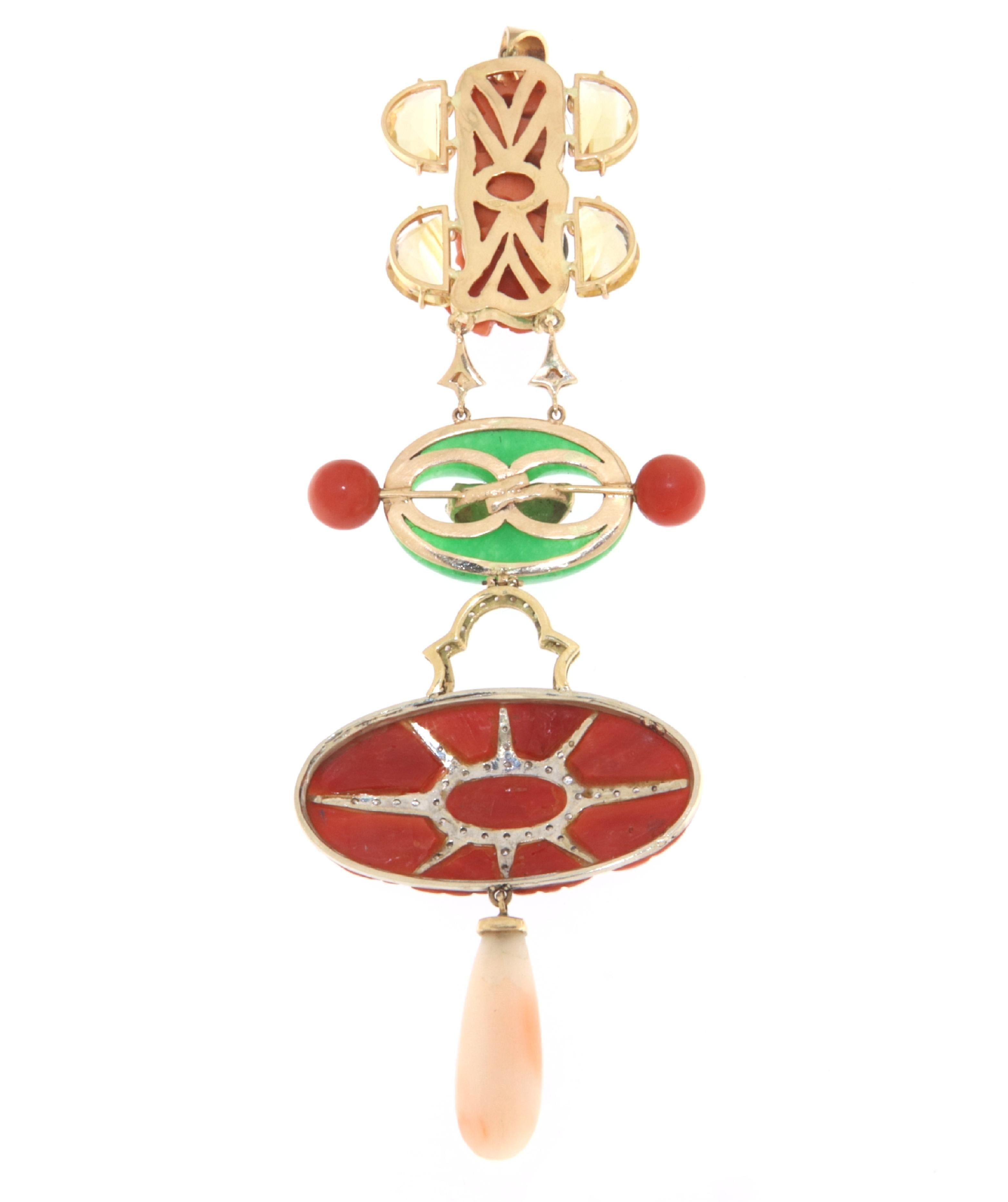 Taille brillant Collier pendentif en or jaune 18 carats, corail, diamants, citrine et agate en vente