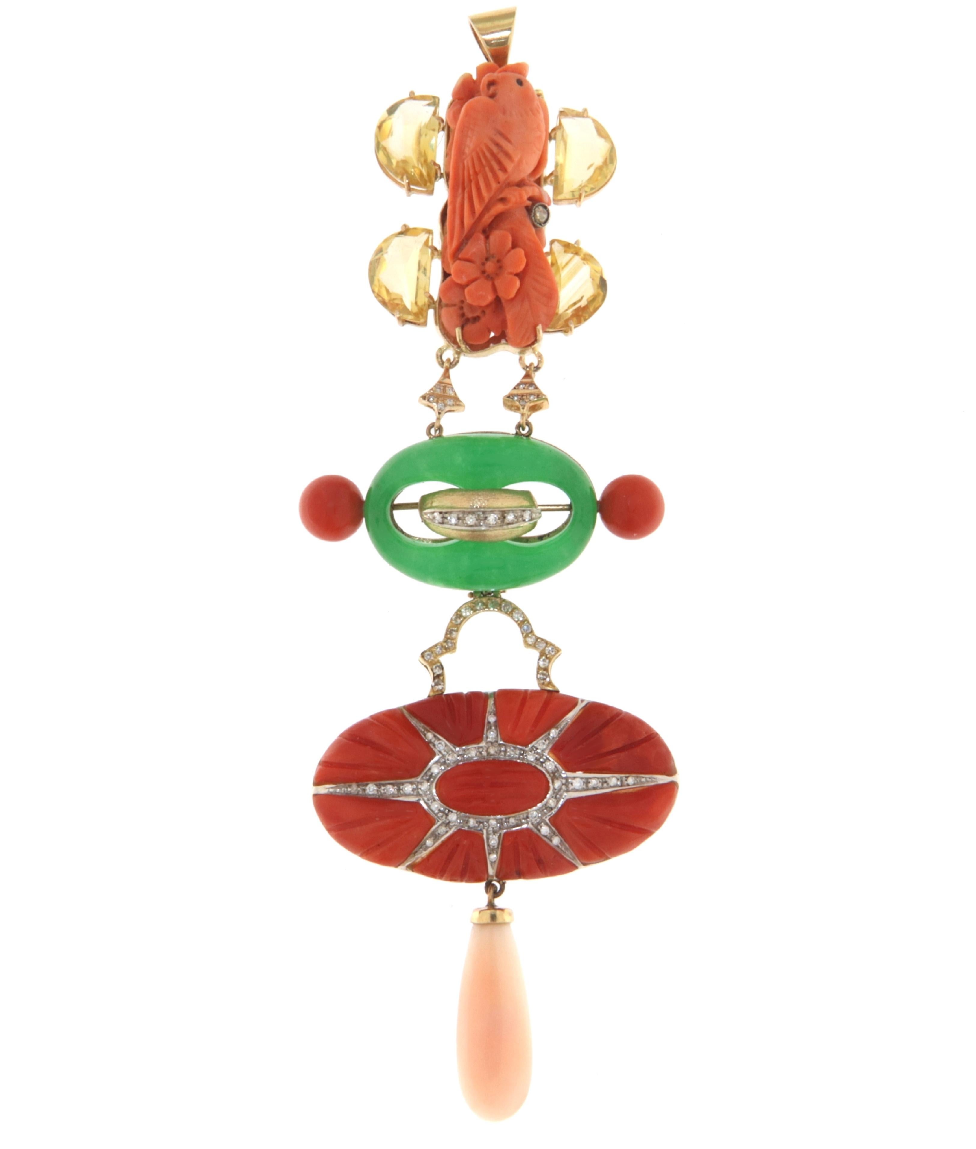 Collier pendentif en or jaune 18 carats, corail, diamants, citrine et agate Neuf - En vente à Marcianise, IT