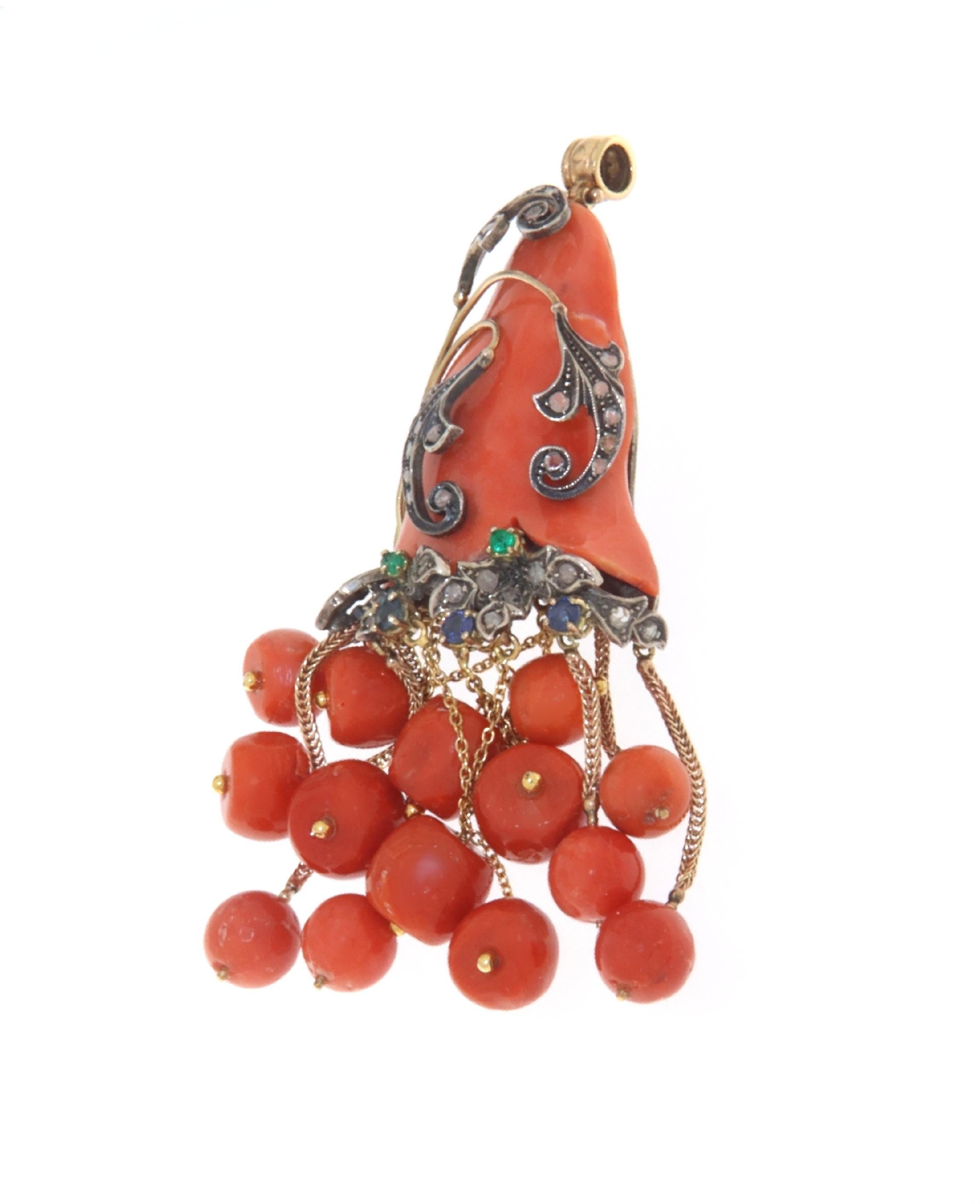 Artisan Coral Diamonds Eleralds Sapphires 14 Karat Yellow Gold Pendant Necklace For Sale