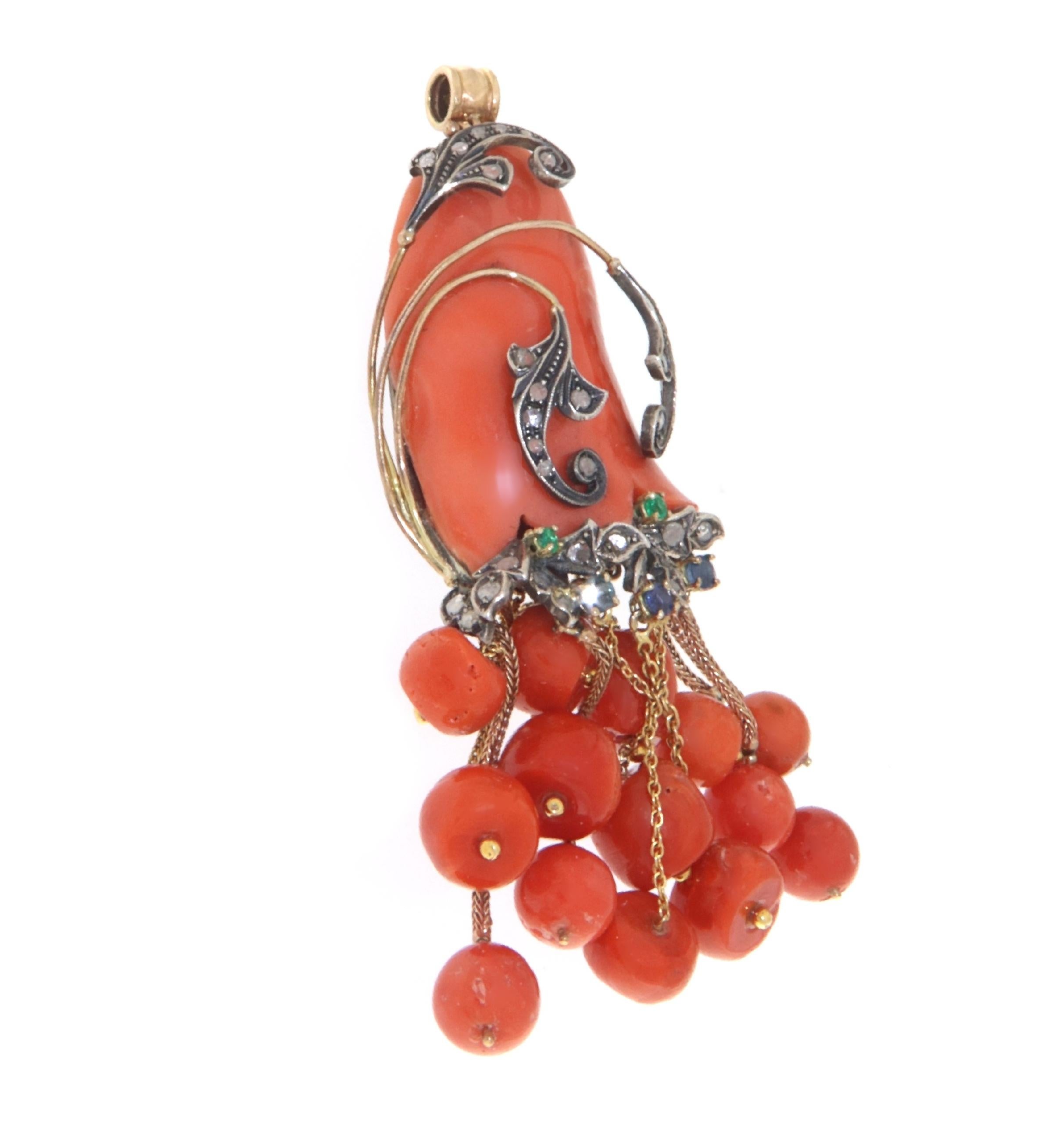 Rose Cut Coral Diamonds Eleralds Sapphires 14 Karat Yellow Gold Pendant Necklace For Sale