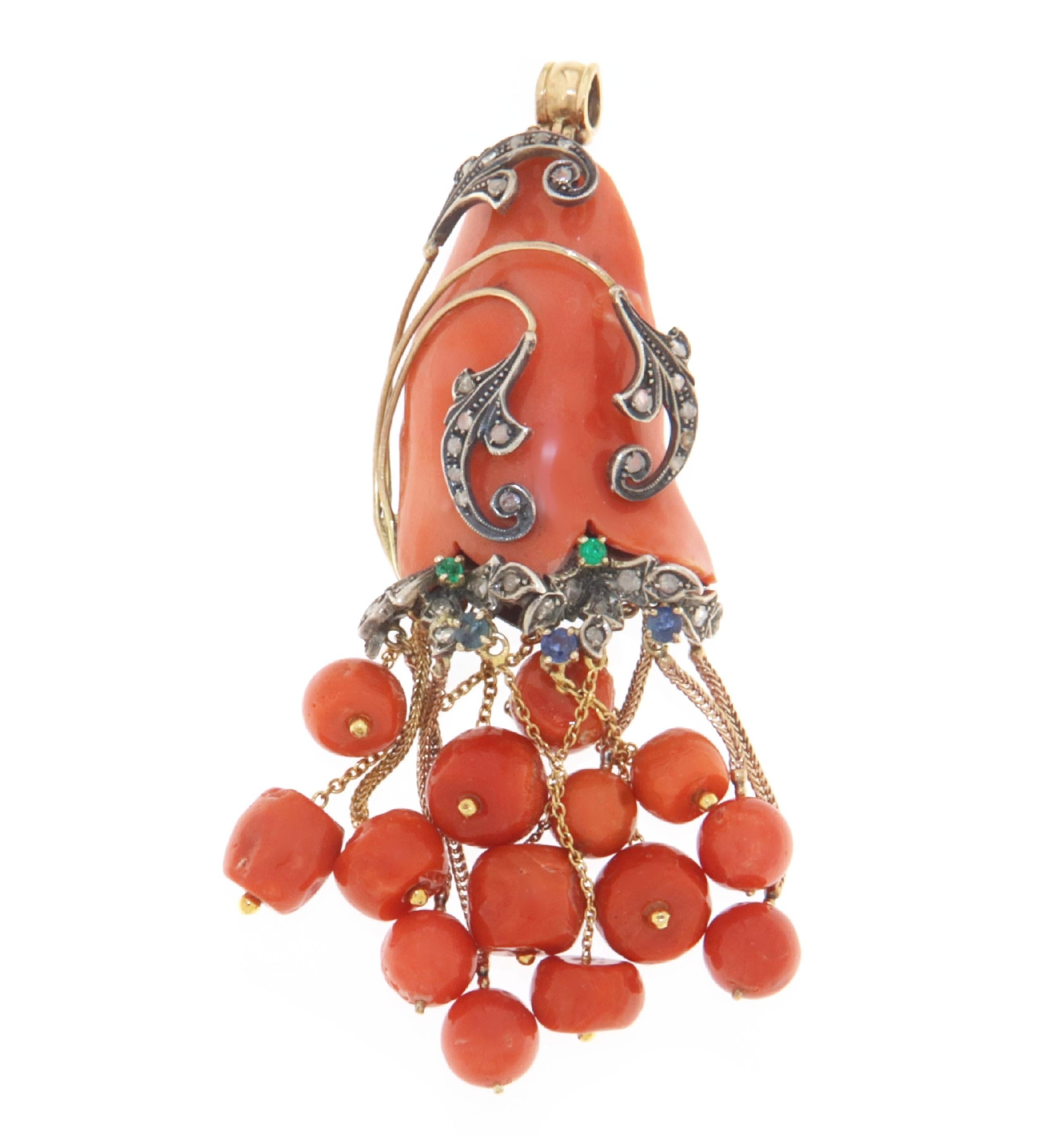 Women's or Men's Coral Diamonds Eleralds Sapphires 14 Karat Yellow Gold Pendant Necklace For Sale