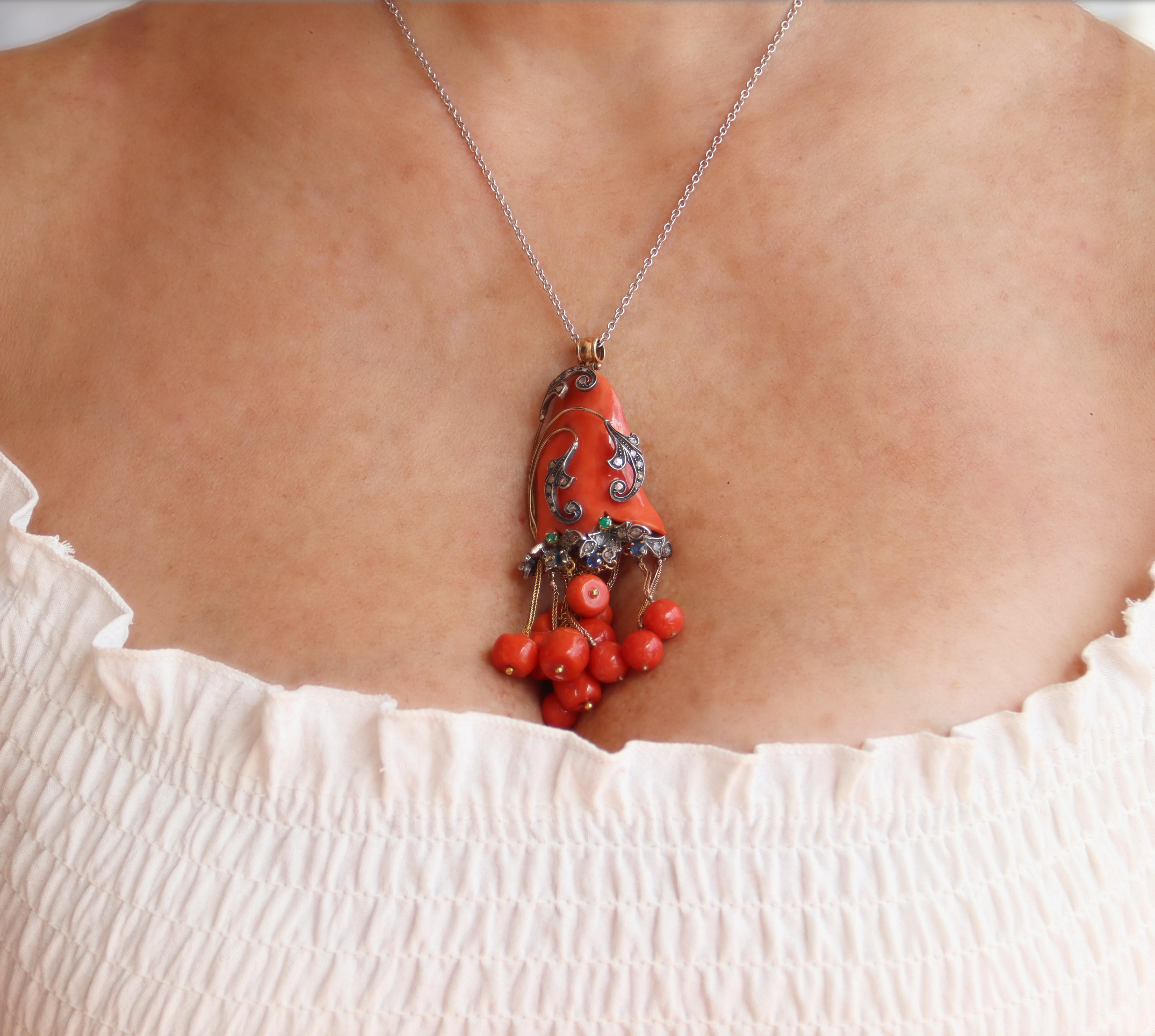 Coral Diamonds Eleralds Sapphires 14 Karat Yellow Gold Pendant Necklace For Sale 2
