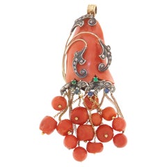Coral Diamonds Eleralds Sapphires 14 Karat Yellow Gold Pendant Necklace