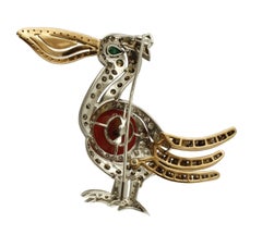 Red Coral Button, Diamonds, Emerald, 14K White and Rose Gold Bird Shape Brooch