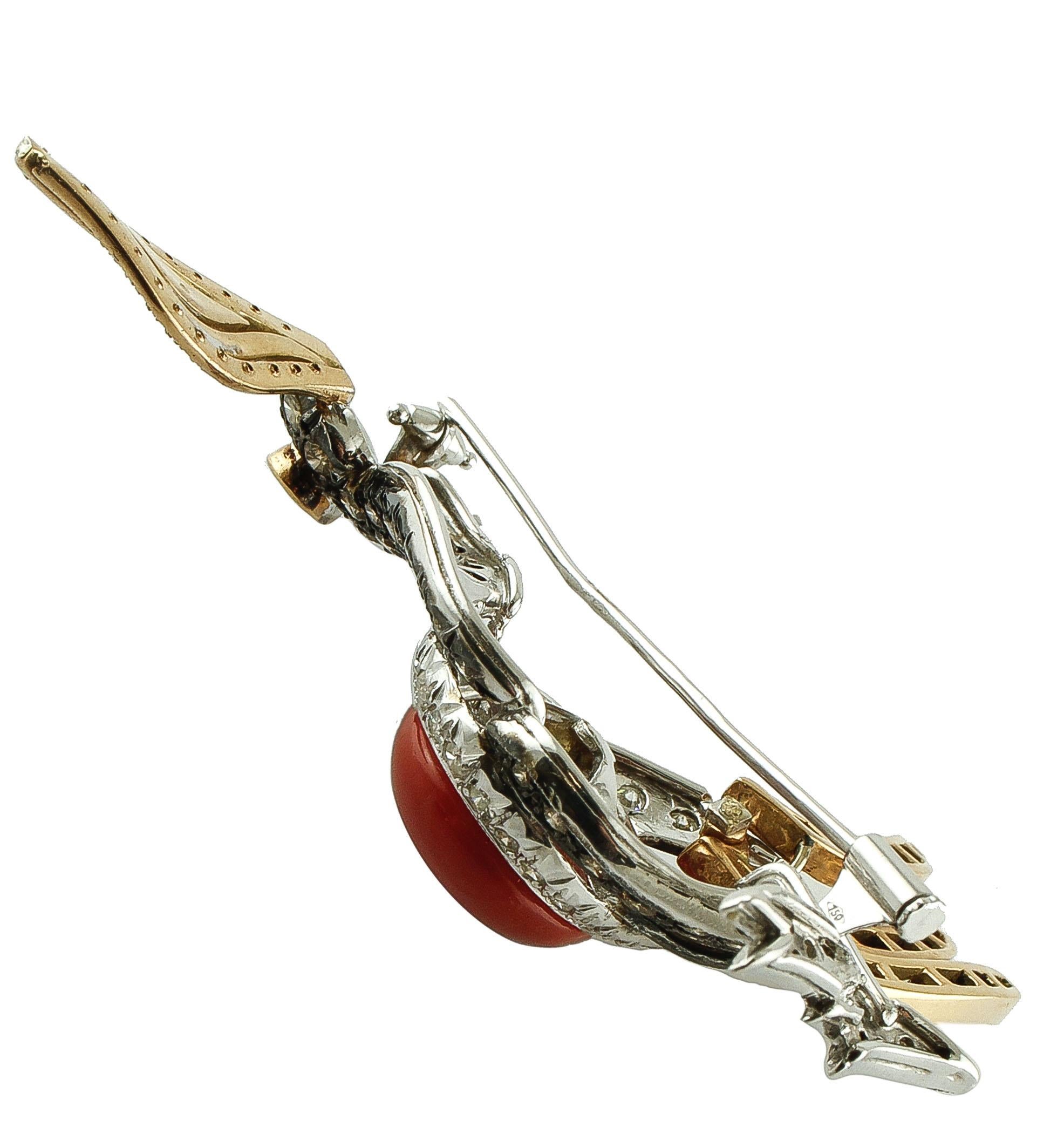 Brilliant Cut Red Coral Button, Diamonds, Emerald, 14K White and Rose Gold Bird Shape Brooch For Sale