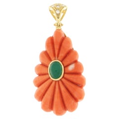 Coral Diamonds Emerald 18 Karat Yellow Gold Pendant Necklace