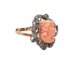 Coral, Diamonds, Emeralds, 14 Karat Rose Gold and Silver Ring.