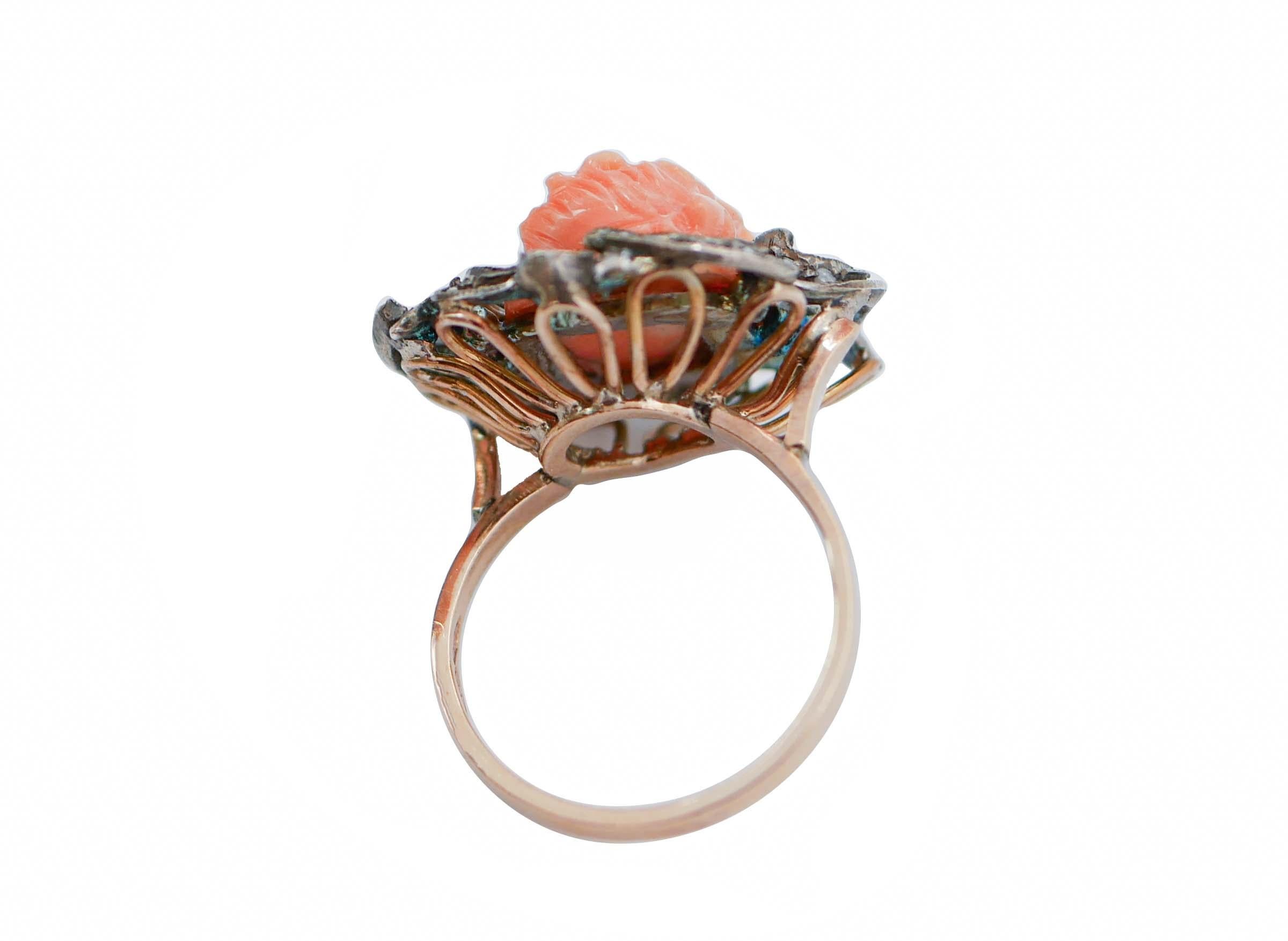 Retro Coral, Diamonds, Emeralds, 14 Karat Rose Gold and Silver Ring. For Sale