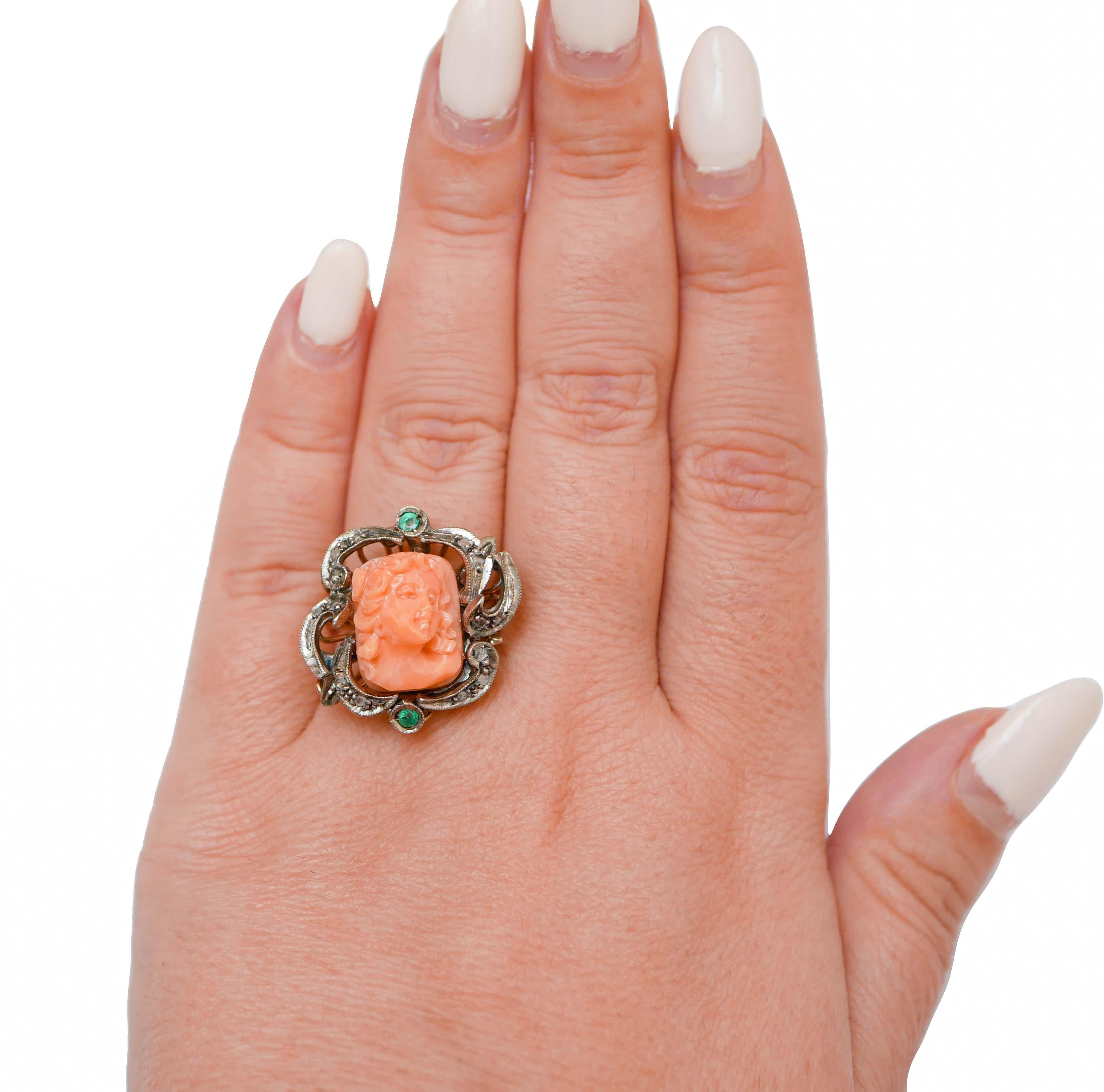 Mixed Cut Coral, Diamonds, Emeralds, 14 Karat Rose Gold and Silver Ring. For Sale