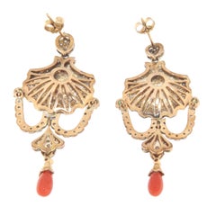 Coral Diamonds Emeralds 14 Karat Yellow Gold Drop Earrings