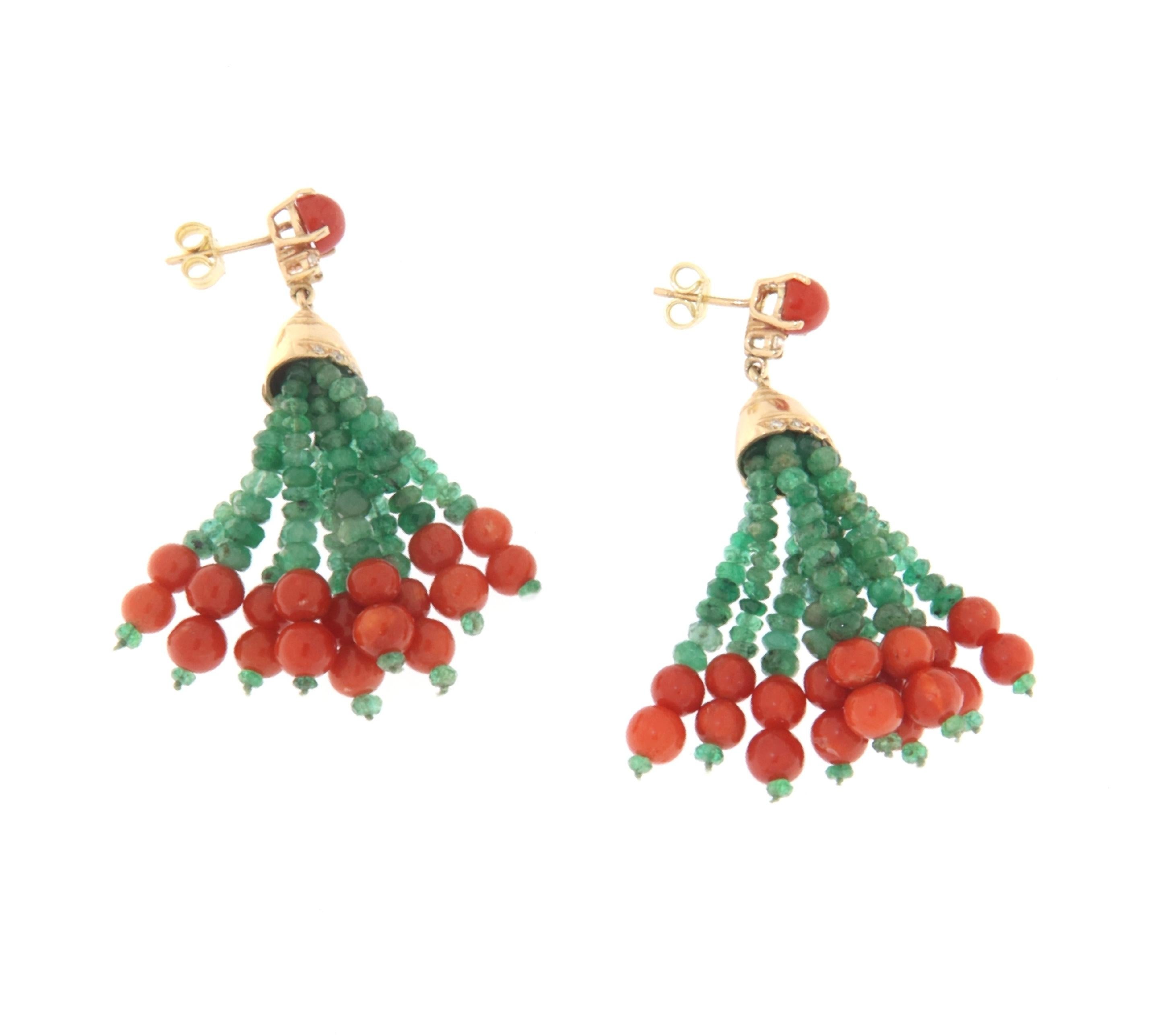 Artisan Coral Diamonds Emeralds 14 Karat Yellow Gold Drop Earrings For Sale