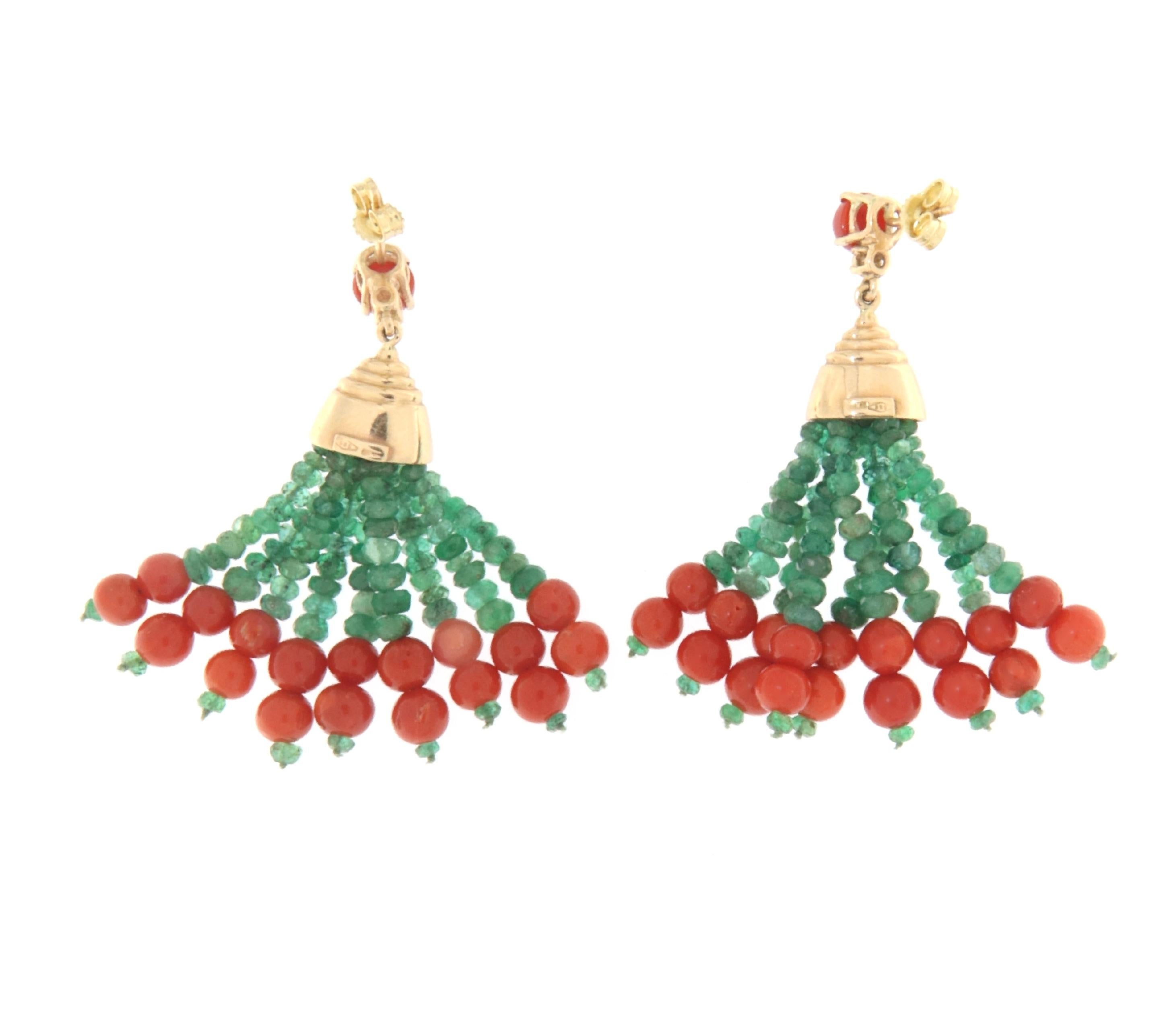 Brilliant Cut Coral Diamonds Emeralds 14 Karat Yellow Gold Drop Earrings For Sale