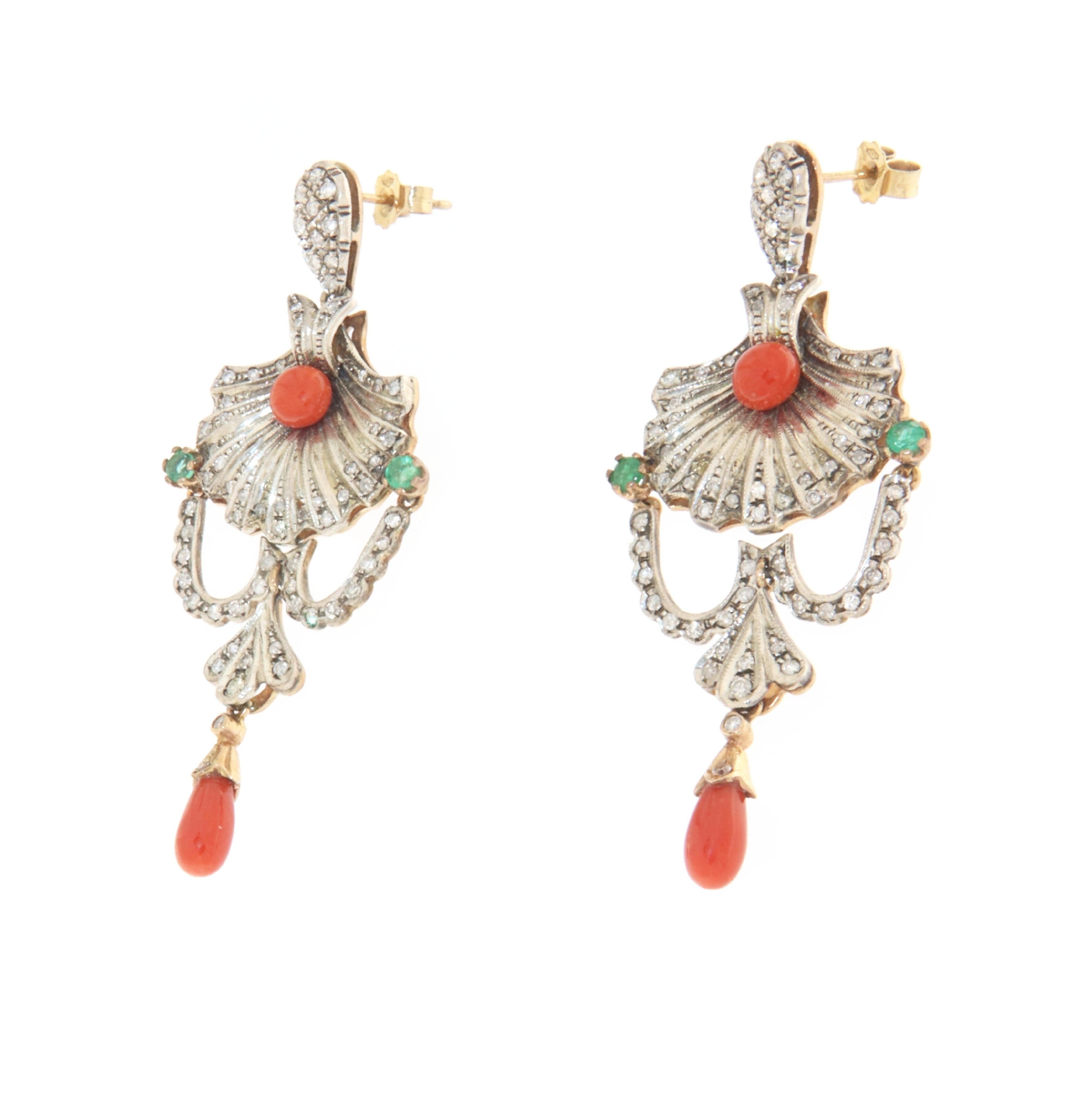 Brilliant Cut Coral Diamonds Emeralds 14 Karat Yellow Gold Drop Earrings For Sale