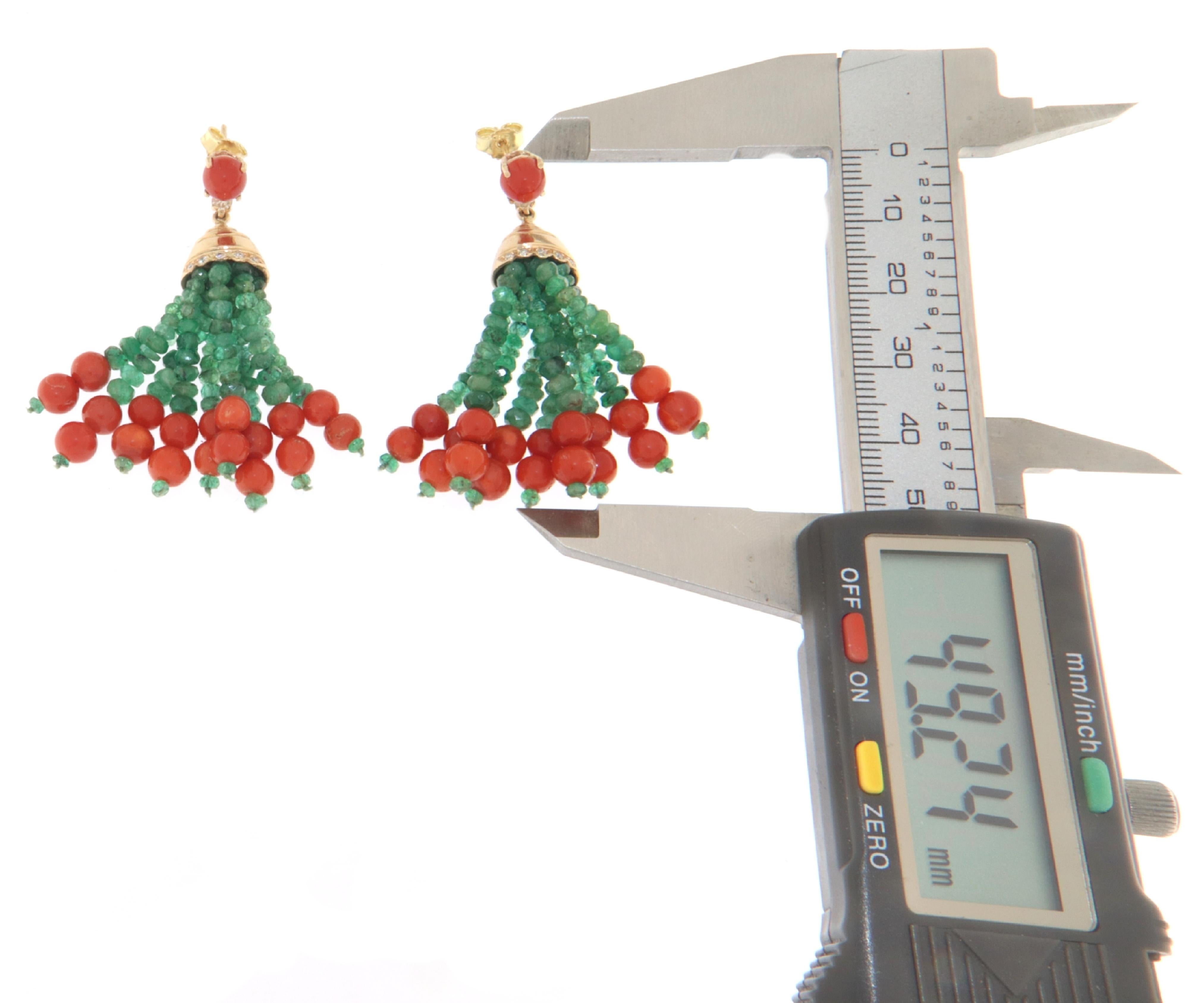 Women's Coral Diamonds Emeralds 14 Karat Yellow Gold Drop Earrings For Sale