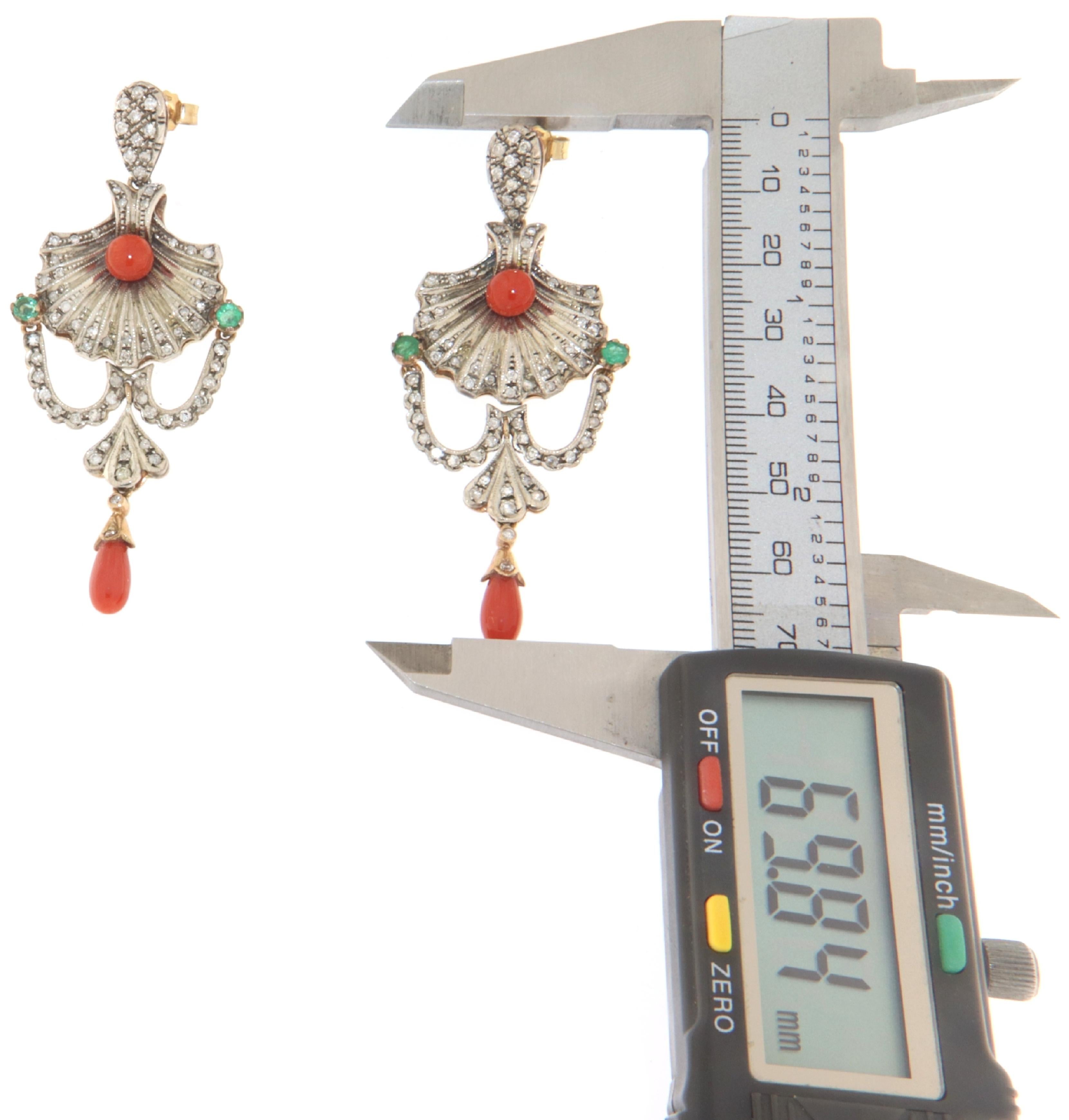 Women's Coral Diamonds Emeralds 14 Karat Yellow Gold Drop Earrings For Sale