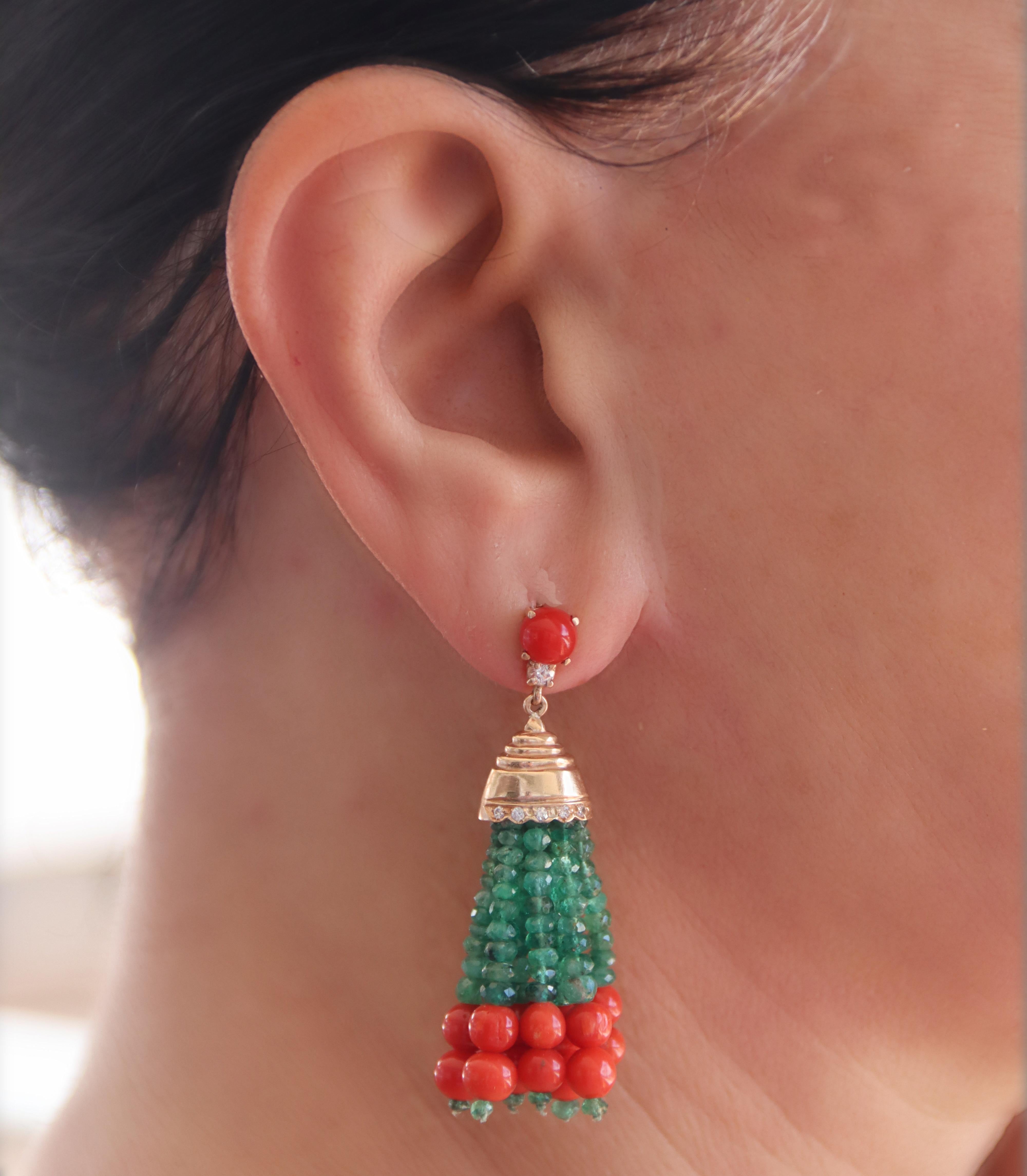 Coral Diamonds Emeralds 14 Karat Yellow Gold Drop Earrings For Sale 1