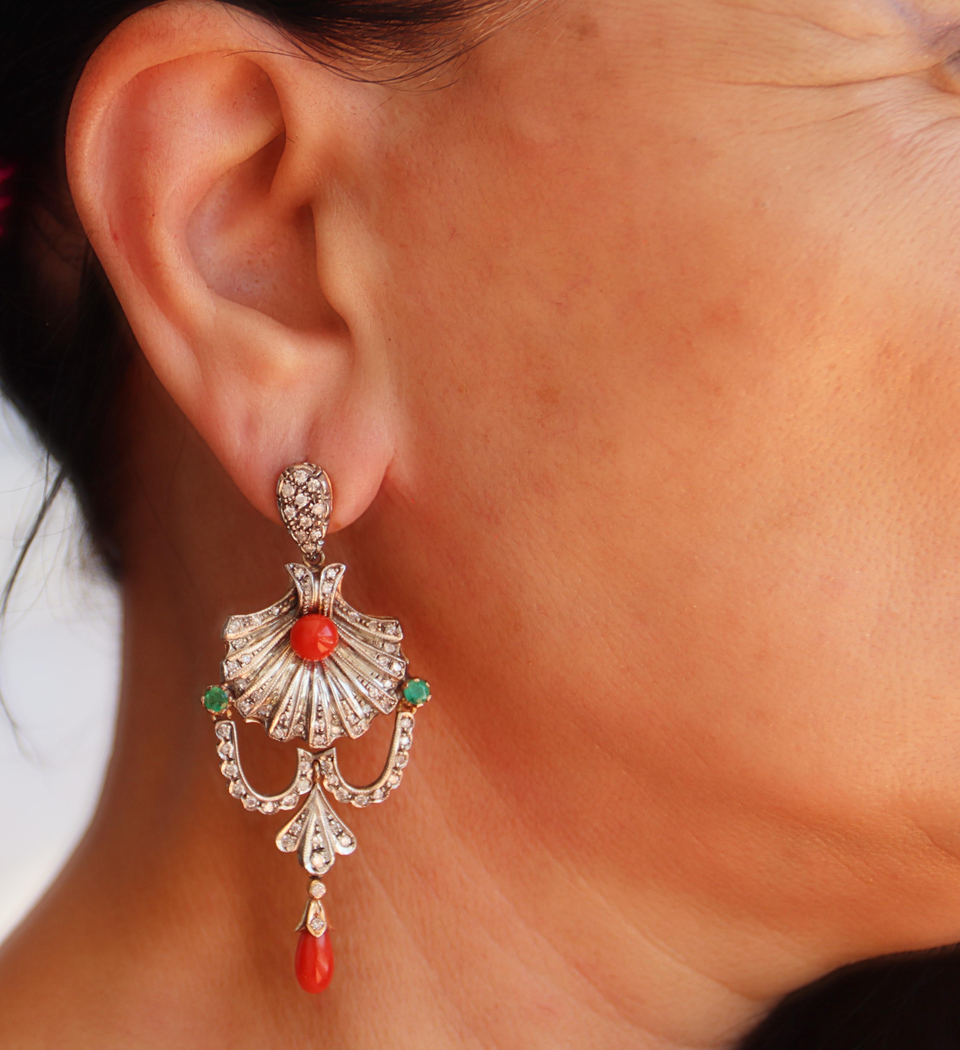 Coral Diamonds Emeralds 14 Karat Yellow Gold Drop Earrings For Sale 1
