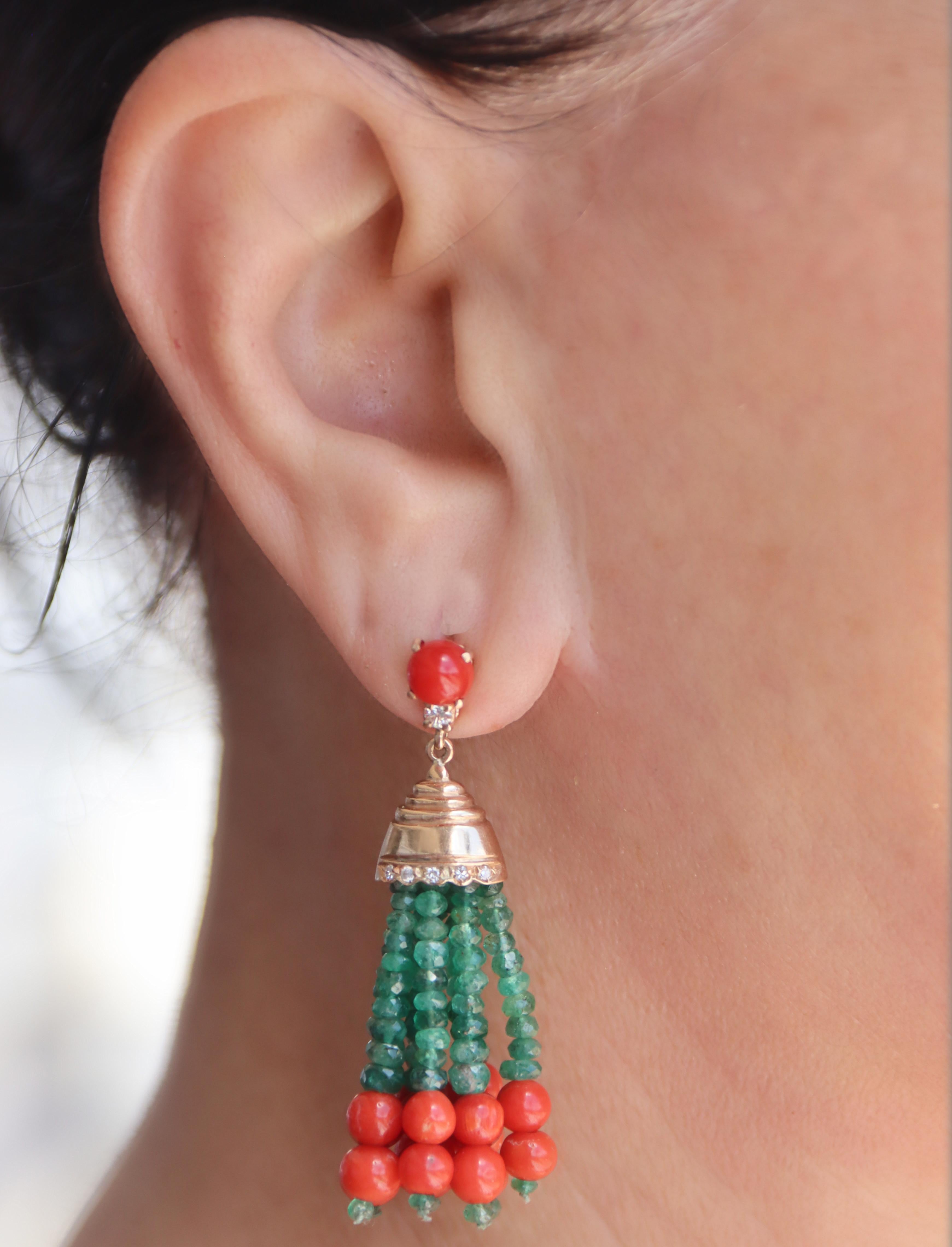 Coral Diamonds Emeralds 14 Karat Yellow Gold Drop Earrings For Sale 2
