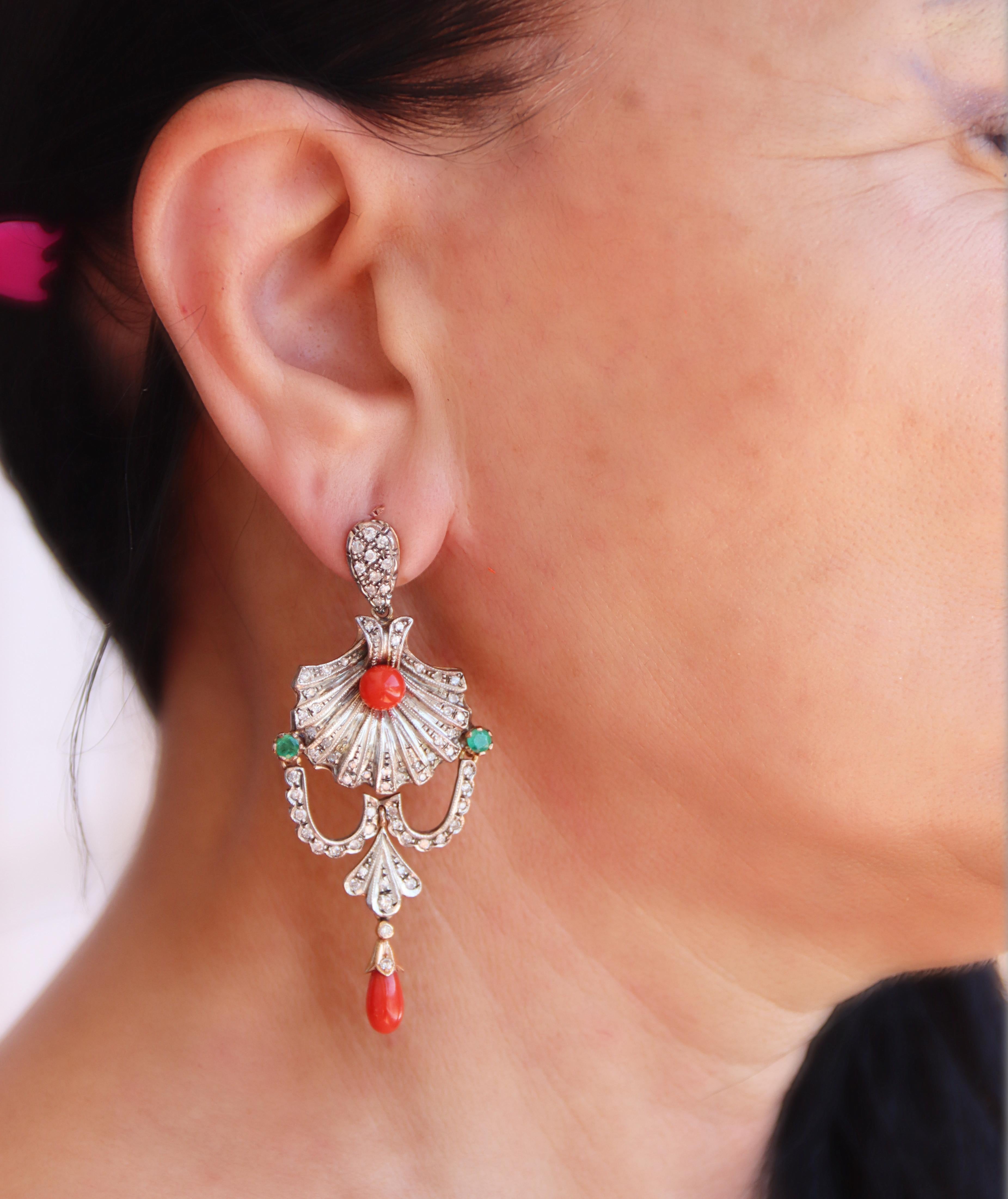 Coral Diamonds Emeralds 14 Karat Yellow Gold Drop Earrings For Sale 2