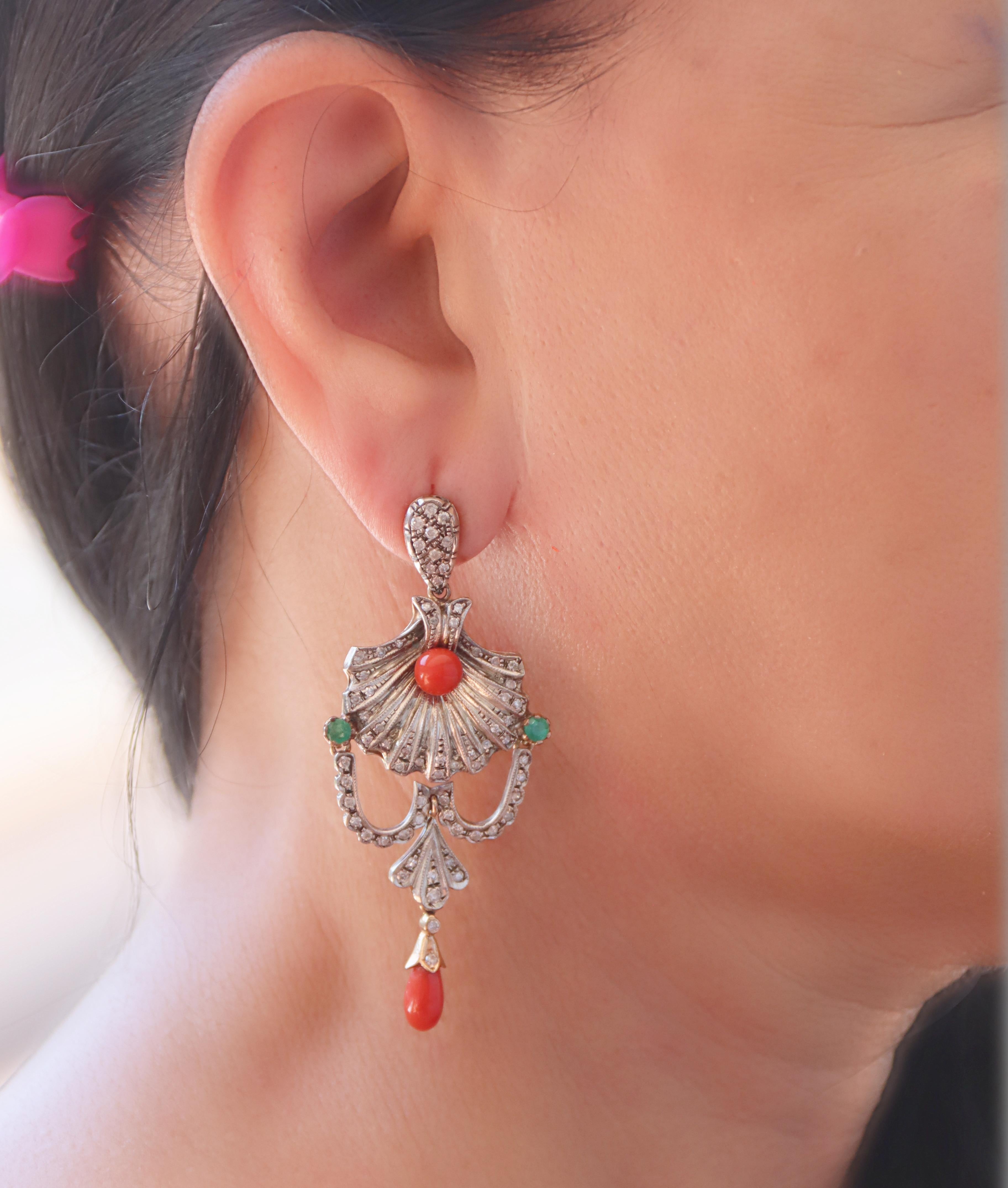 Coral Diamonds Emeralds 14 Karat Yellow Gold Drop Earrings For Sale 3