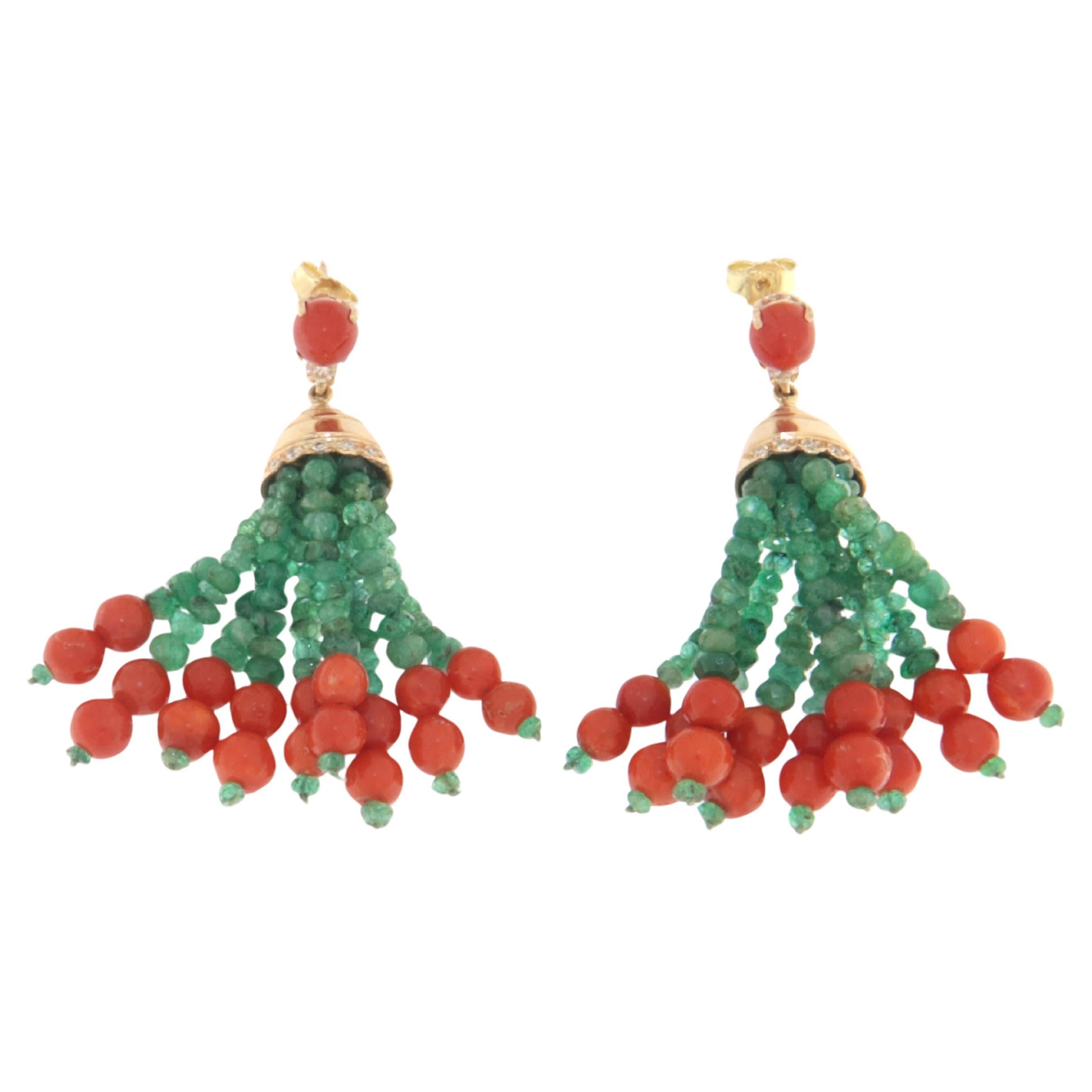 Coral Diamonds Emeralds 14 Karat Yellow Gold Drop Earrings