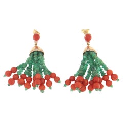 Coral Diamonds Emeralds 14 Karat Yellow Gold Drop Earrings