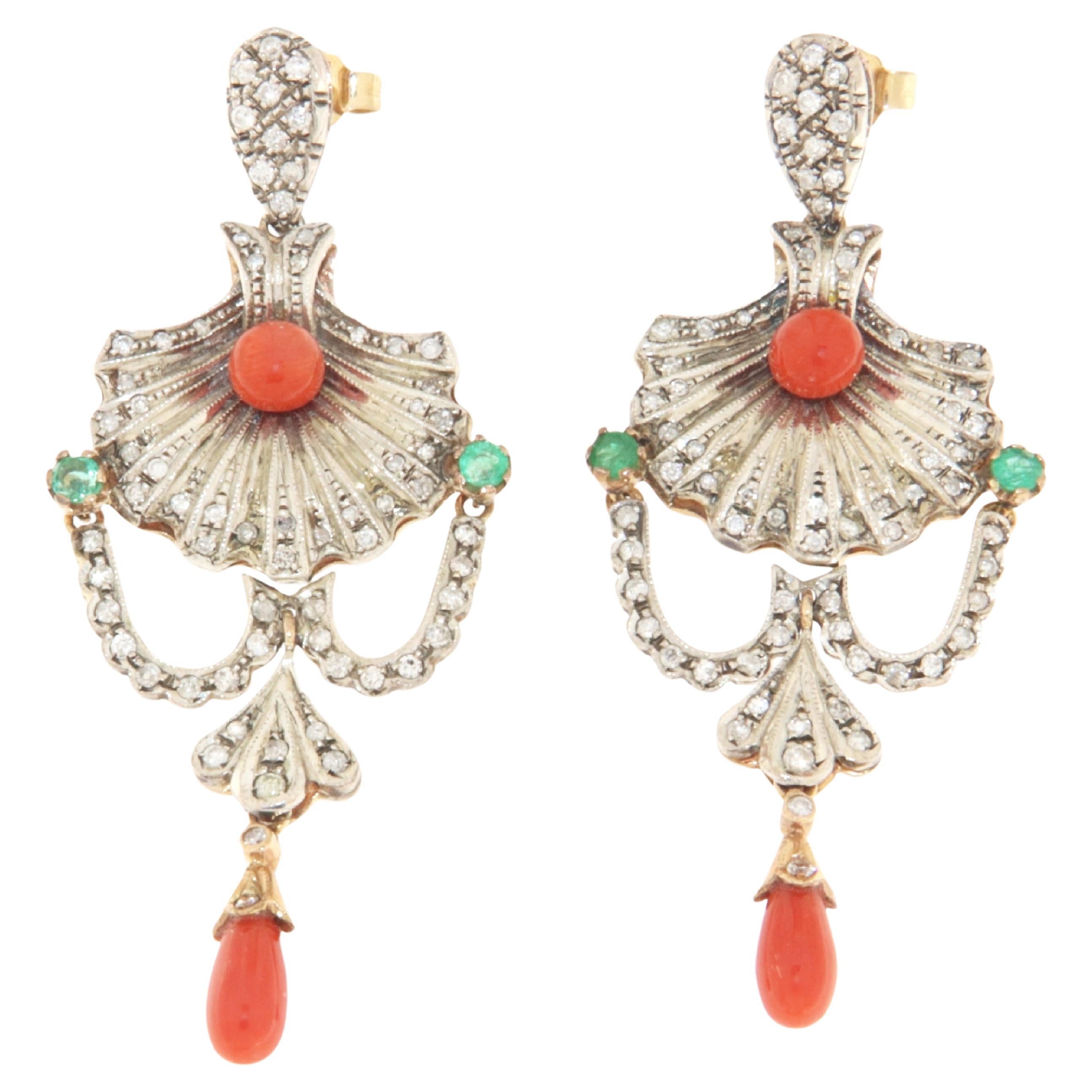 Coral Diamonds Emeralds 14 Karat Yellow Gold Drop Earrings