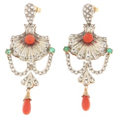 Coral Diamonds Emeralds 14 Karat Yellow Gold Drop Earrings