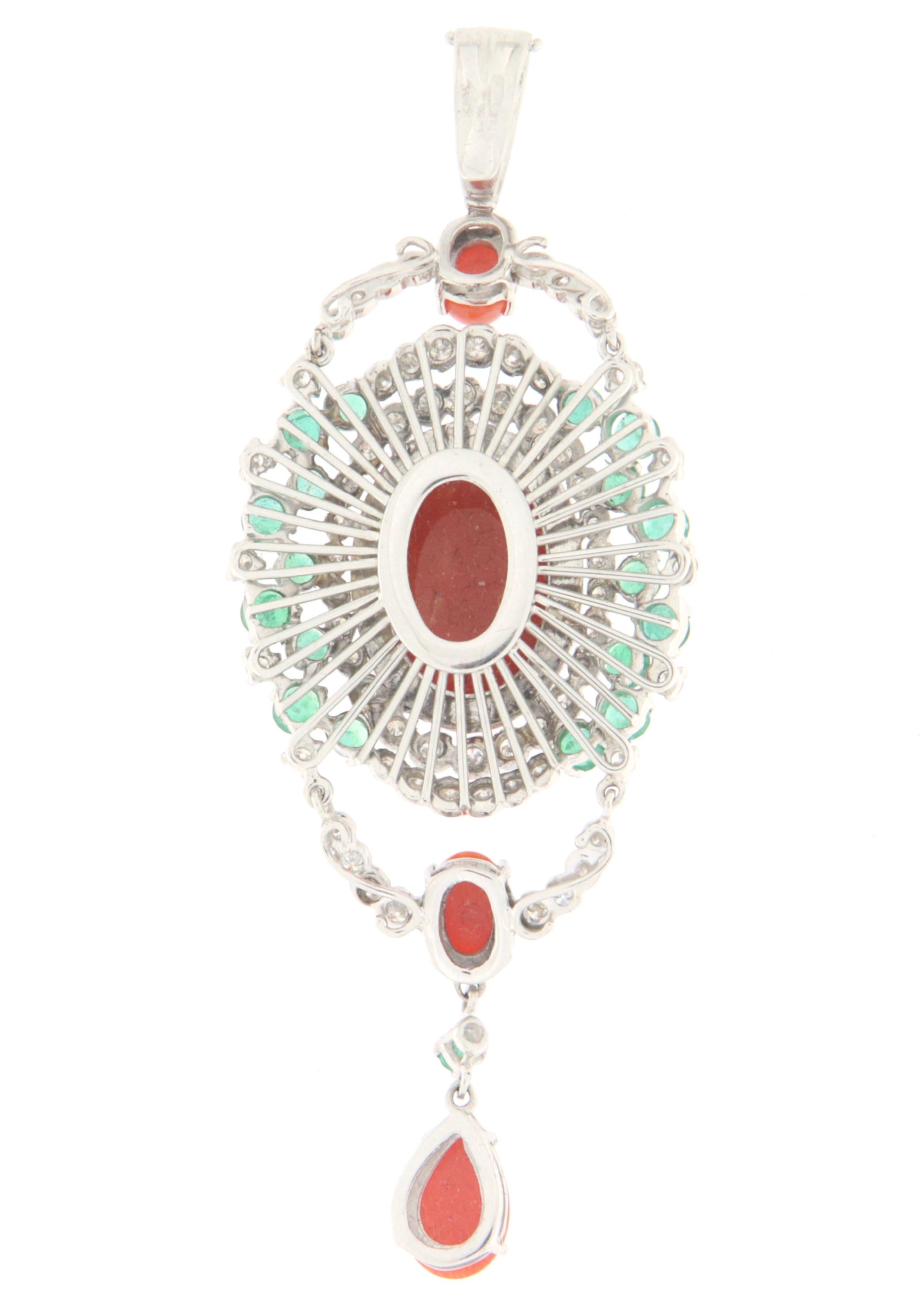 Artisan Coral Diamonds Emeralds 18 Karat White Gold Pendant Necklace For Sale