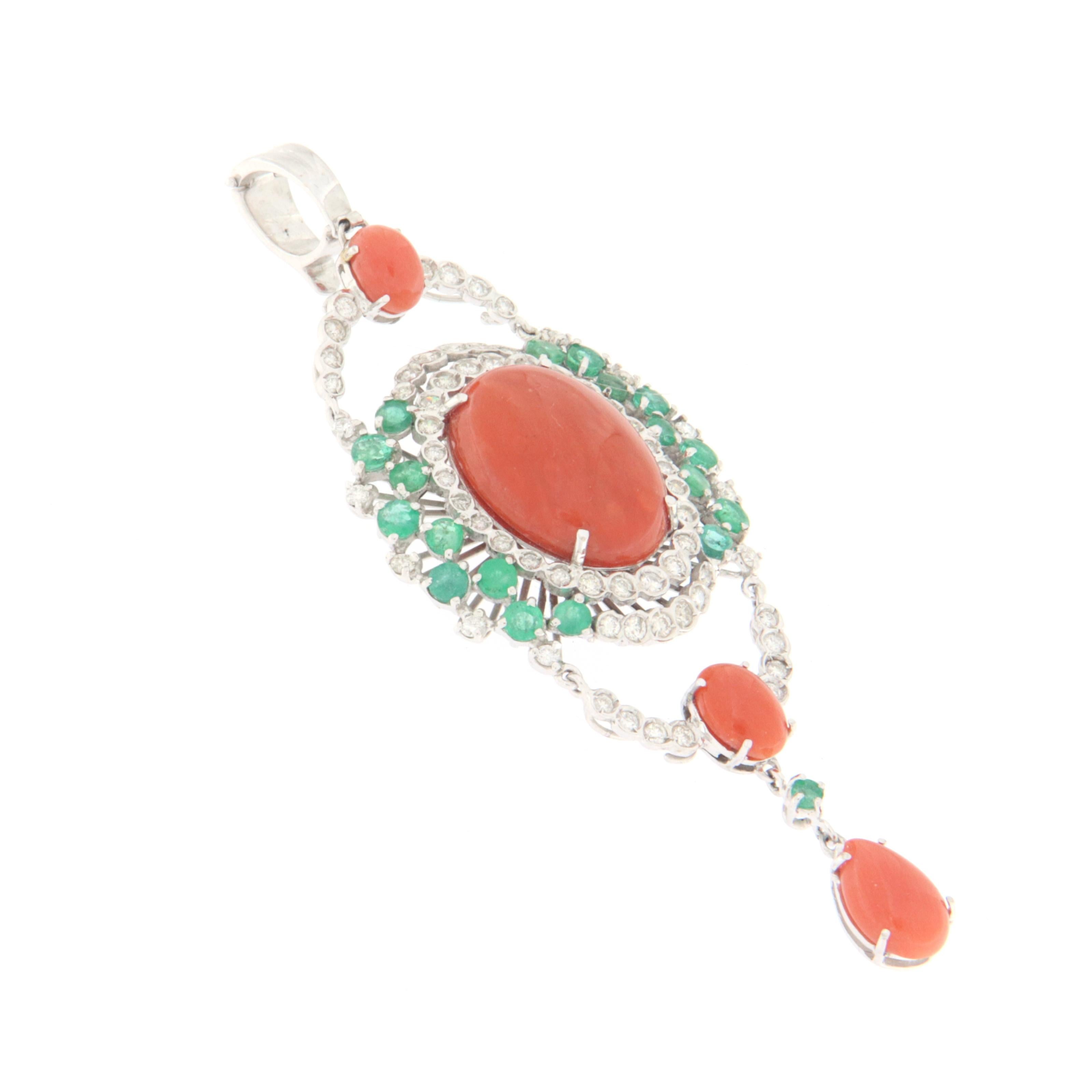 Brilliant Cut Coral Diamonds Emeralds 18 Karat White Gold Pendant Necklace For Sale
