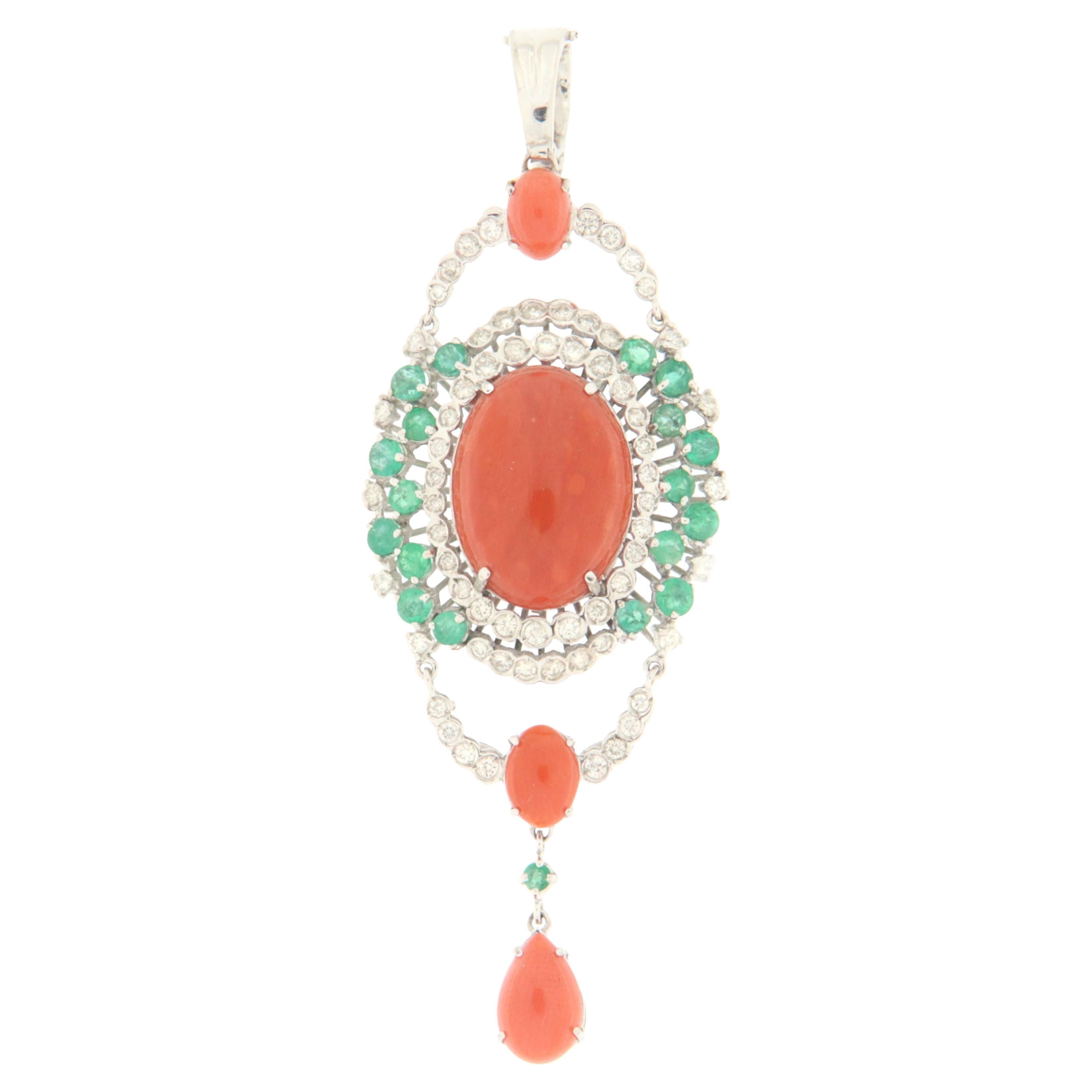 Coral Diamonds Emeralds 18 Karat White Gold Pendant Necklace For Sale