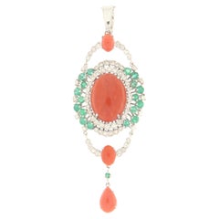 Coral Diamonds Emeralds 18 Karat White Gold Pendant Necklace