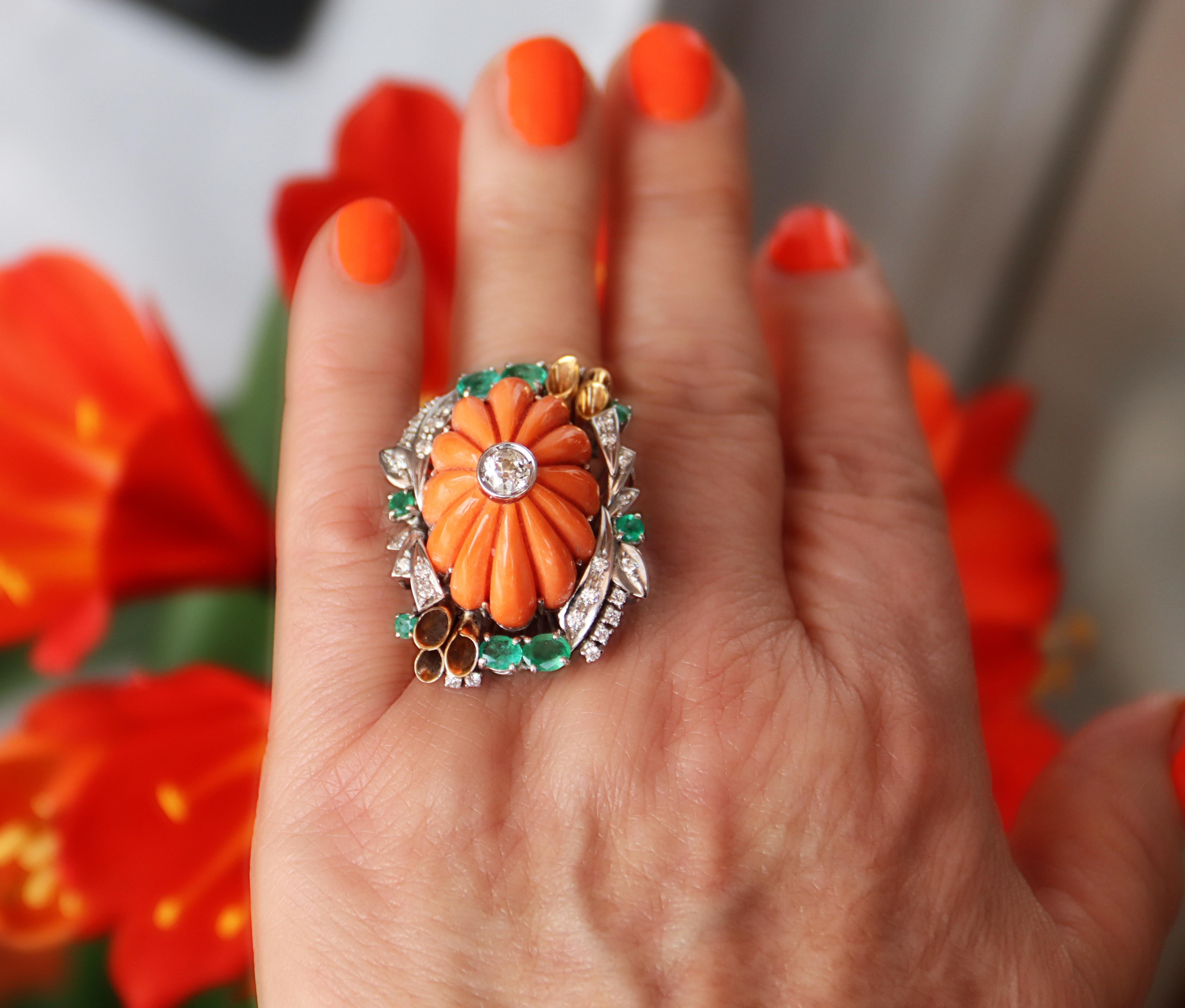 Coral Diamonds Emeralds 18 Karat Yellow And White Gold Cocktail Ring For Sale 5